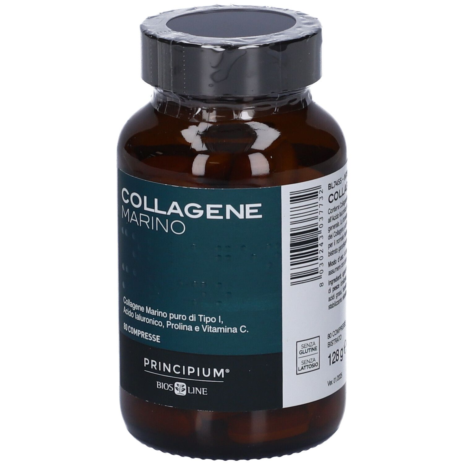 Flacone di vetro marrone con tappo nero. Scritta: COLLAGENE MARINO. Contiene 80 compresse. Senza glutine. 128g.