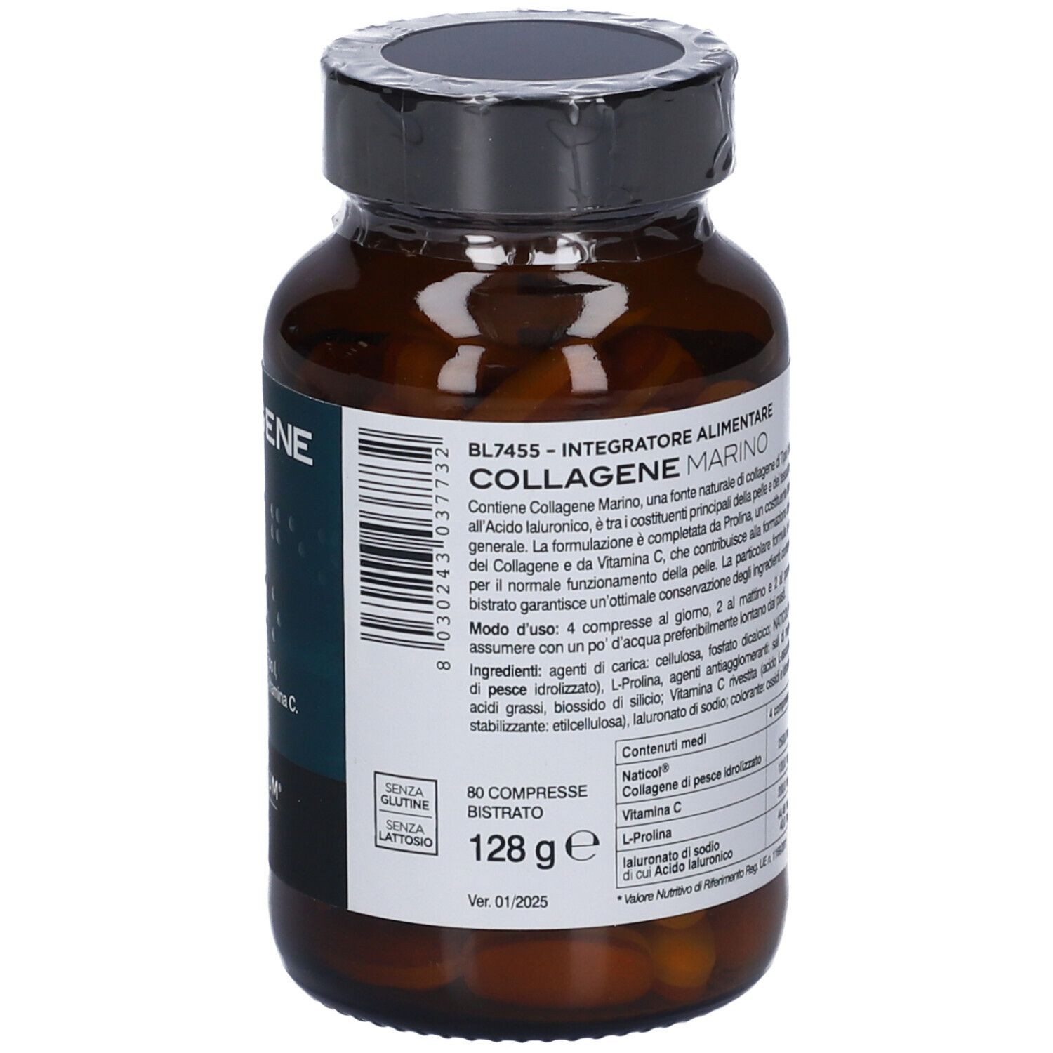 Flacone di vetro marrone con informazioni. Contiene 80 compresse. Senza glutine. 128g. Elenco ingredienti e valori nutrizionali.