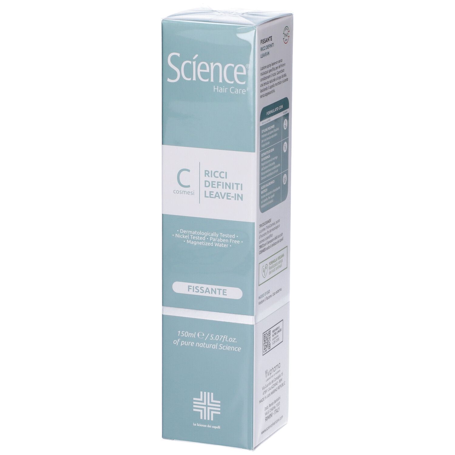 Confezione del prodotto. Scatola verde chiaro con informazioni sul prodotto. Marchio: Science Hair Care. Prodotto: Fissante Ricci Definiti.