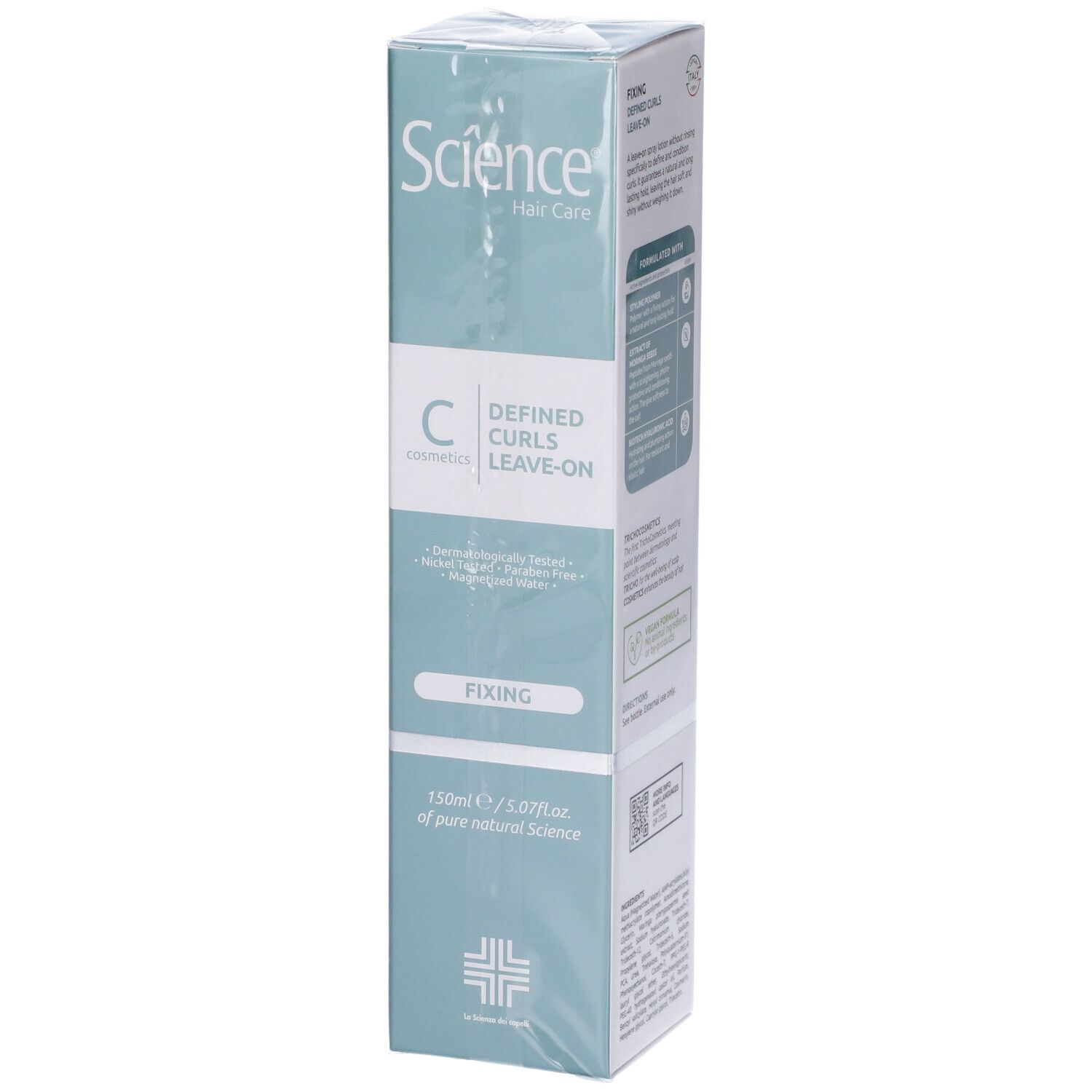 Confezione del prodotto. Scatola verde chiaro con informazioni sul prodotto. Marchio: Science Hair Care. Prodotto: Fissante Ricci Definiti.
