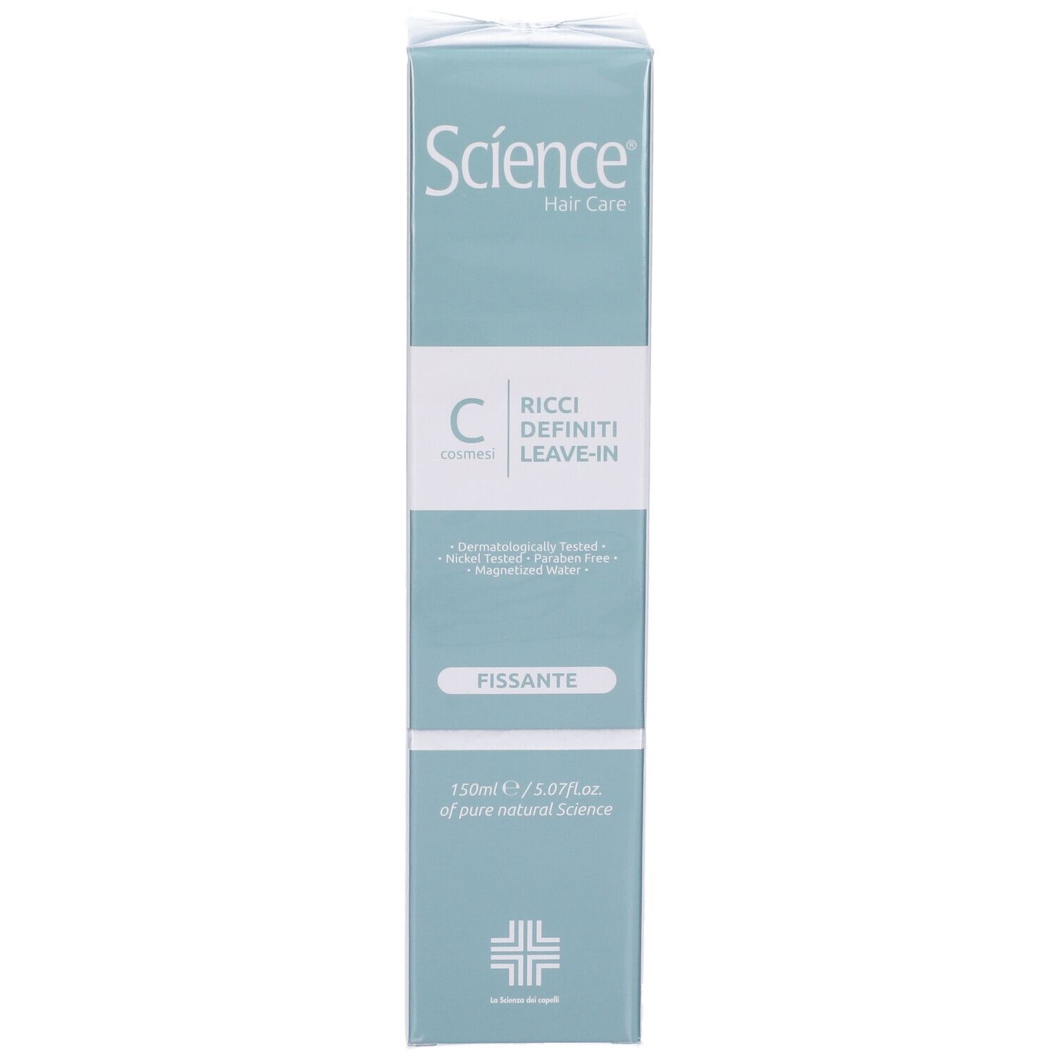Confezione del prodotto. Scatola verde chiaro con informazioni sul prodotto. Marchio: Science Hair Care. Prodotto: Fissante Ricci Definiti.