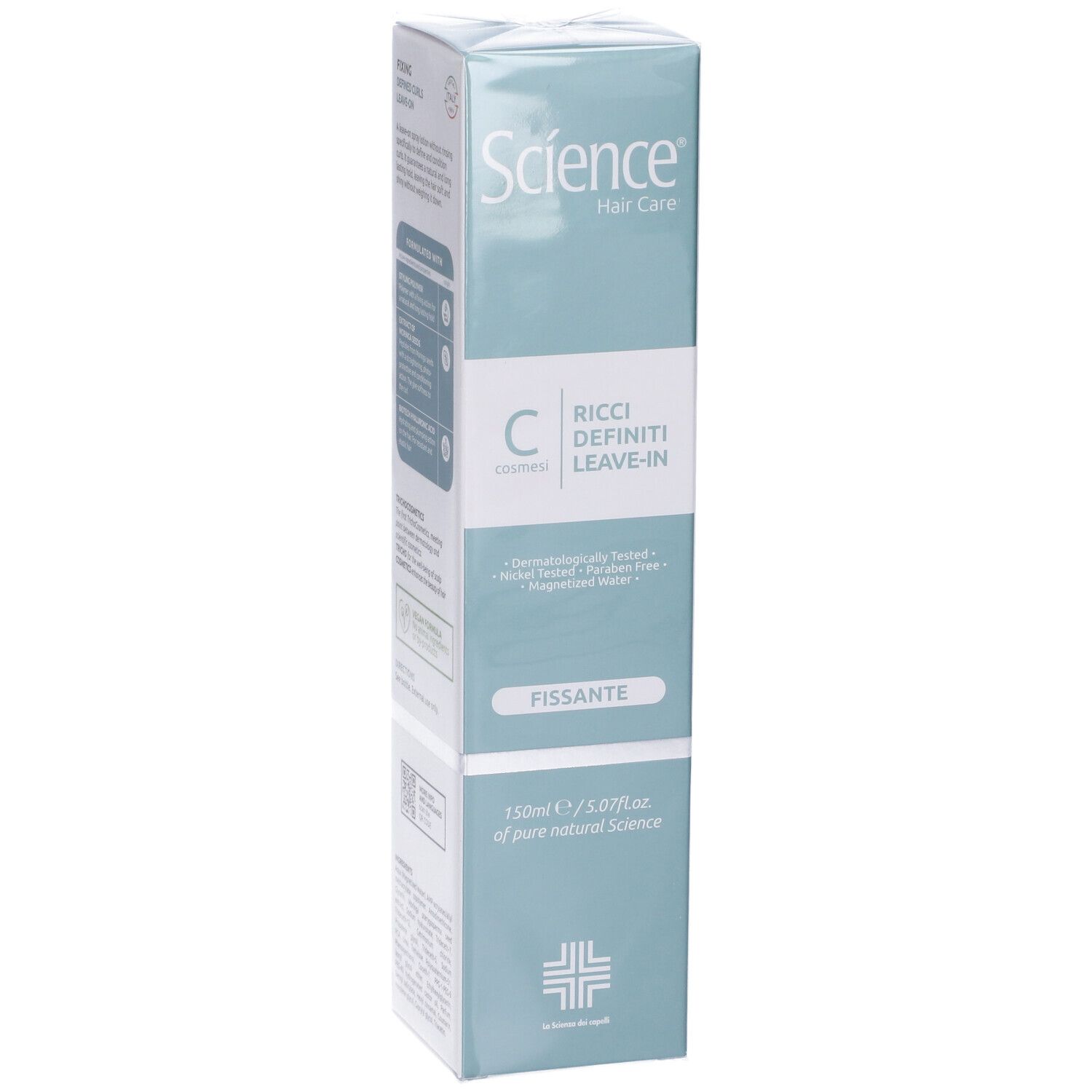 Confezione del prodotto. Scatola verde chiaro con informazioni sul prodotto. Marchio: Science Hair Care. Prodotto: Fissante Ricci Definiti.