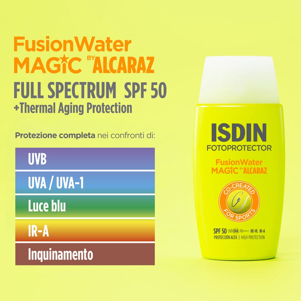 ISDIN Fotoprotector Fusion Water Magic. Testo: Full Spectrum SPF 50. Protezione UV, UVA, IR-A.
