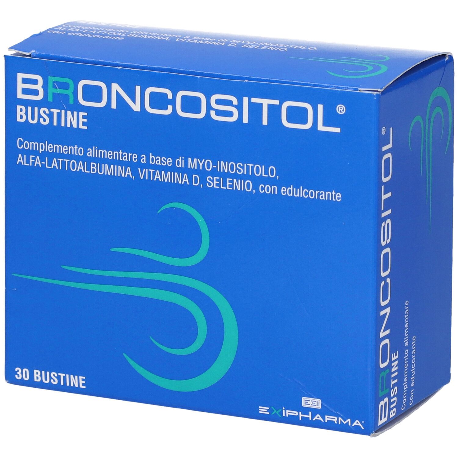 Scatola blu con logo "Broncositol Bustine". Contiene 30 bustine. Testo: Integratore alimentare con ingredienti.