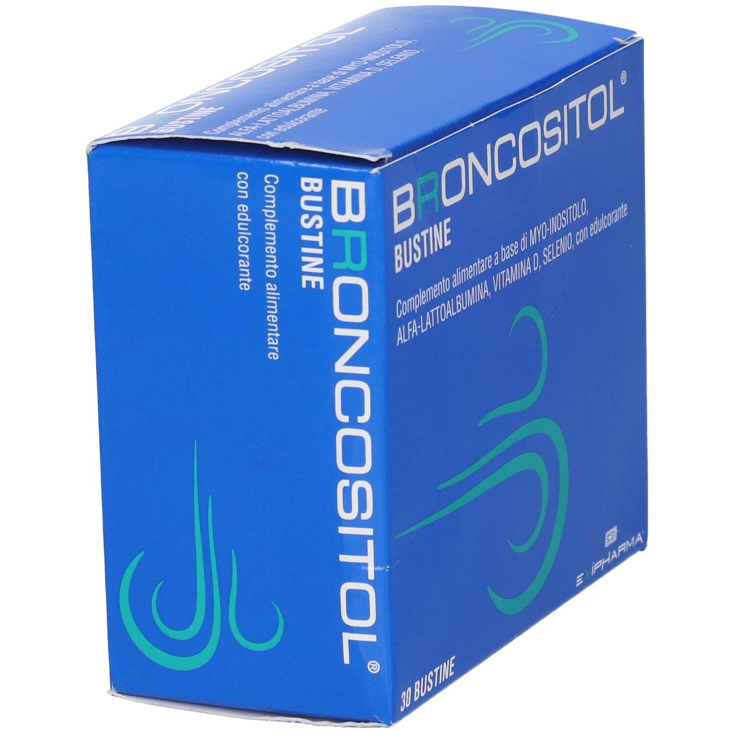 Scatola blu "Broncositol Bustine", vista laterale. Contiene 30 bustine. Testo: Integratore alimentare.