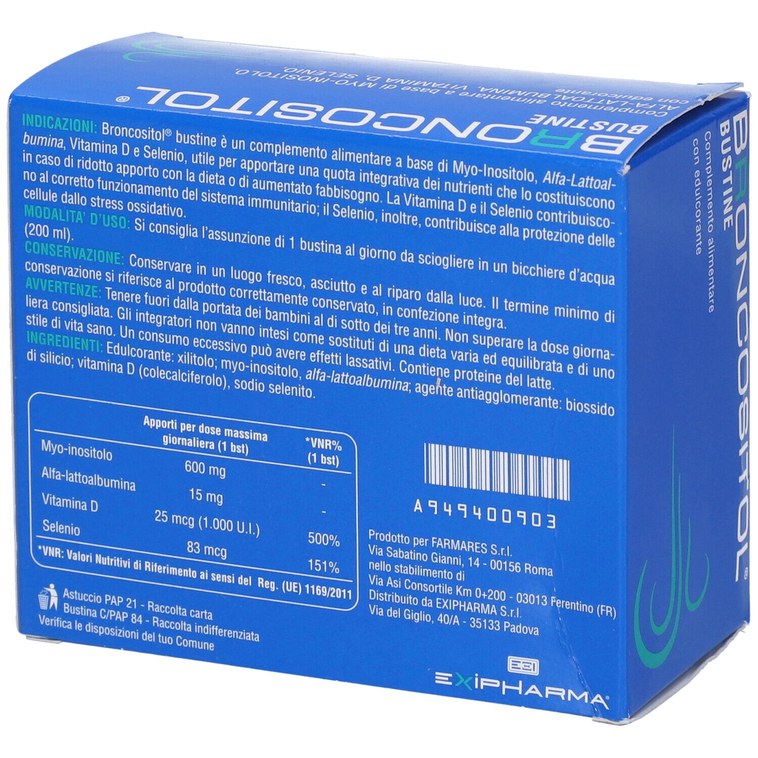 Scatola blu "Broncositol Bustine". Retro con elenco ingredienti e informazioni produttore. Testo in italiano.