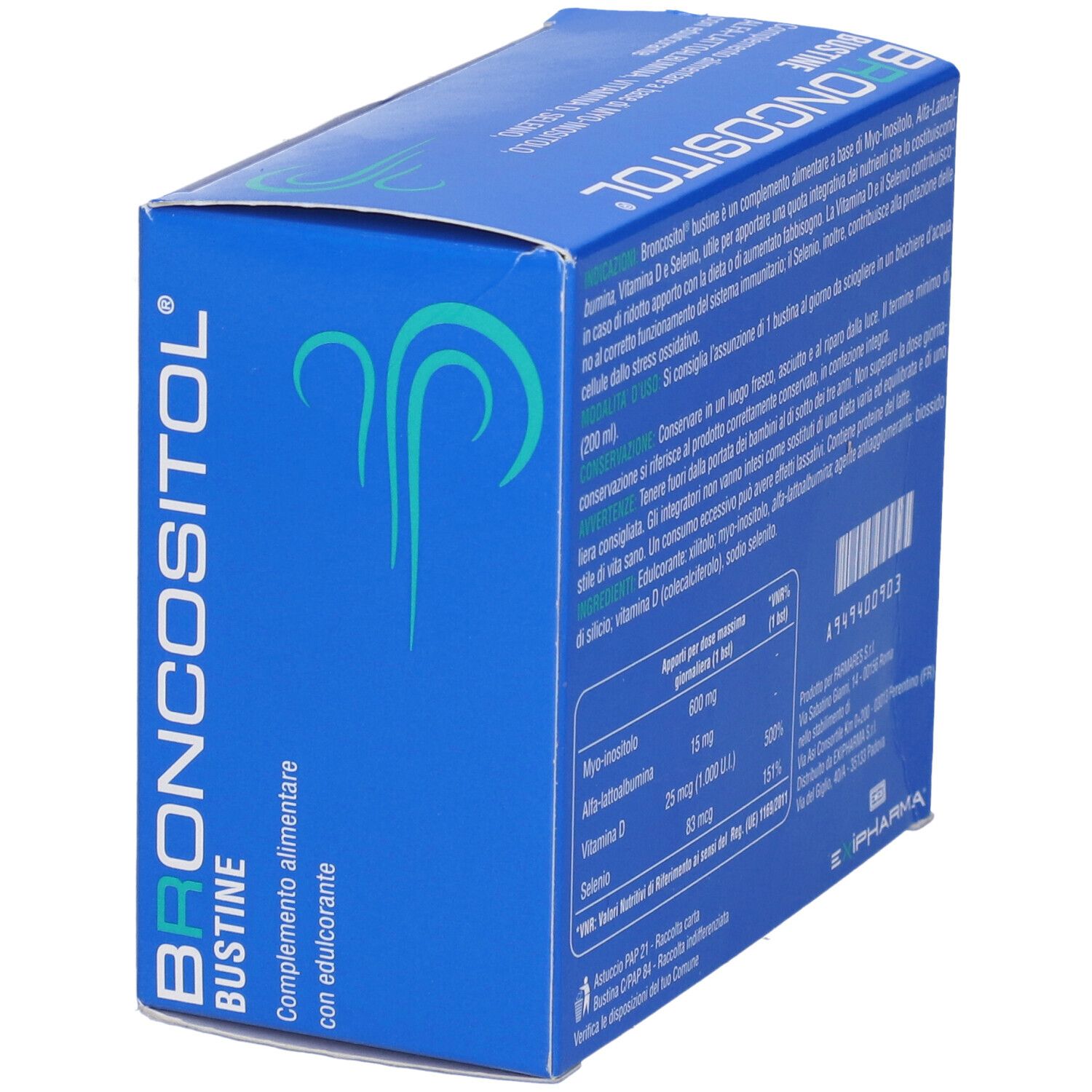 Scatola blu "Broncositol Bustine". Vista laterale con elenco ingredienti. Testo in italiano.