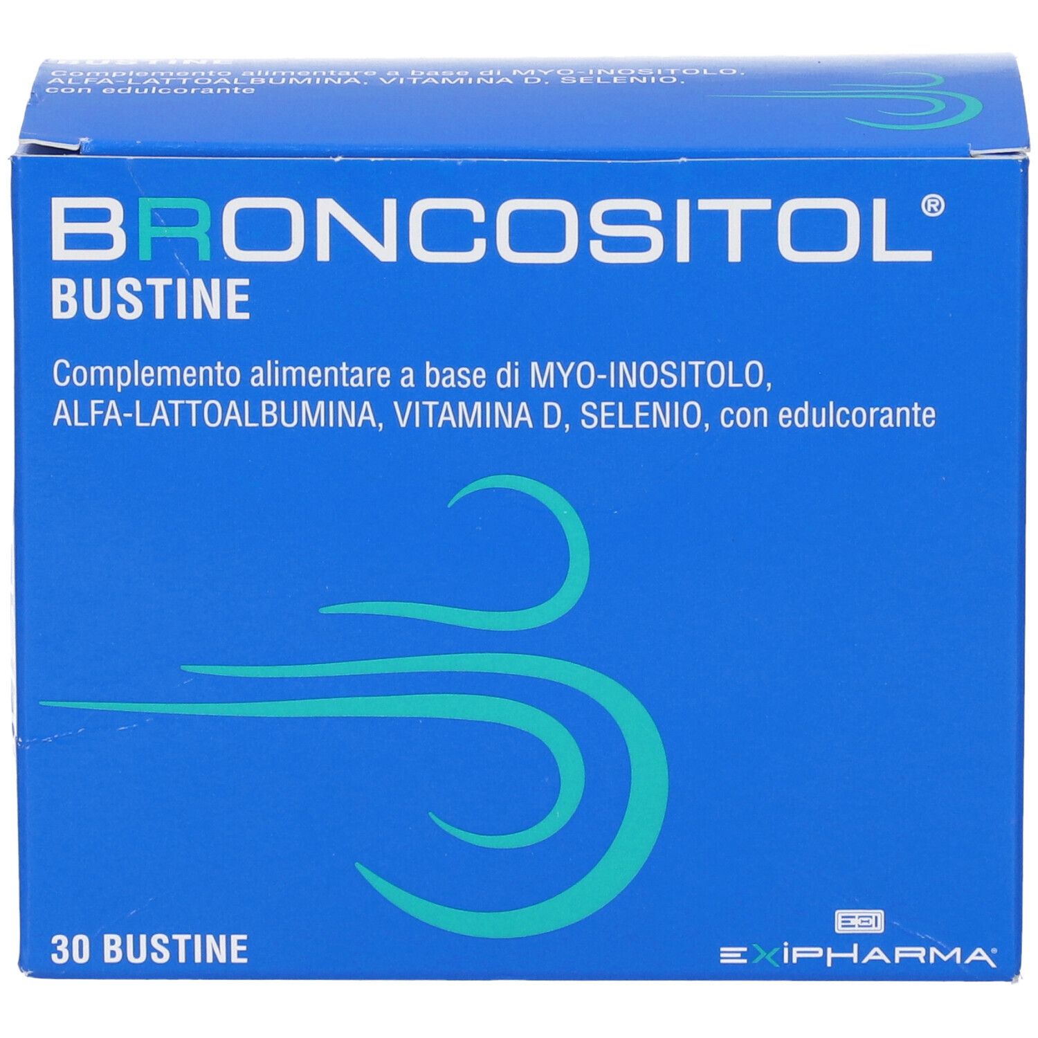 Scatola blu "Broncositol Bustine". Contiene 30 bustine. Testo: Integratore alimentare con ingredienti.