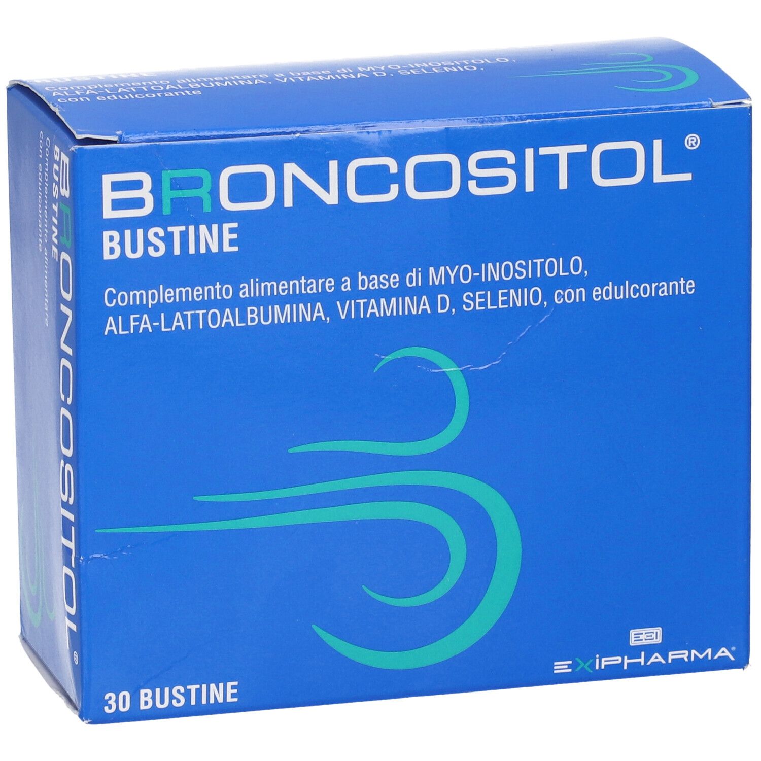 Scatola blu "Broncositol Bustine". Contiene 30 bustine. Testo: Integratore alimentare con ingredienti.