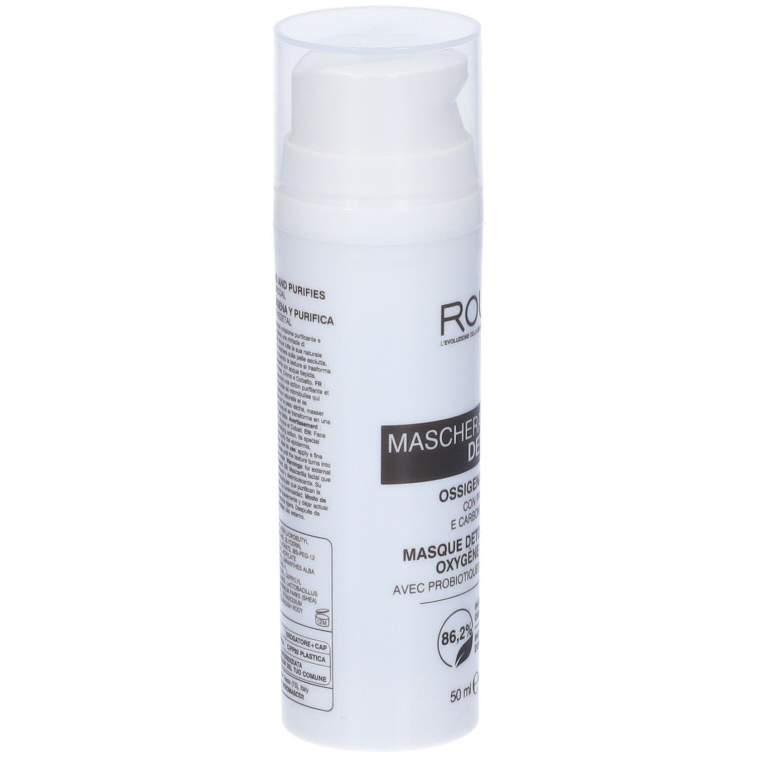 Flacone bianco con dosatore. Scritta: Rougj+ Maschera Detox. Testo in italiano. Contiene 86,2% ingredienti naturali.