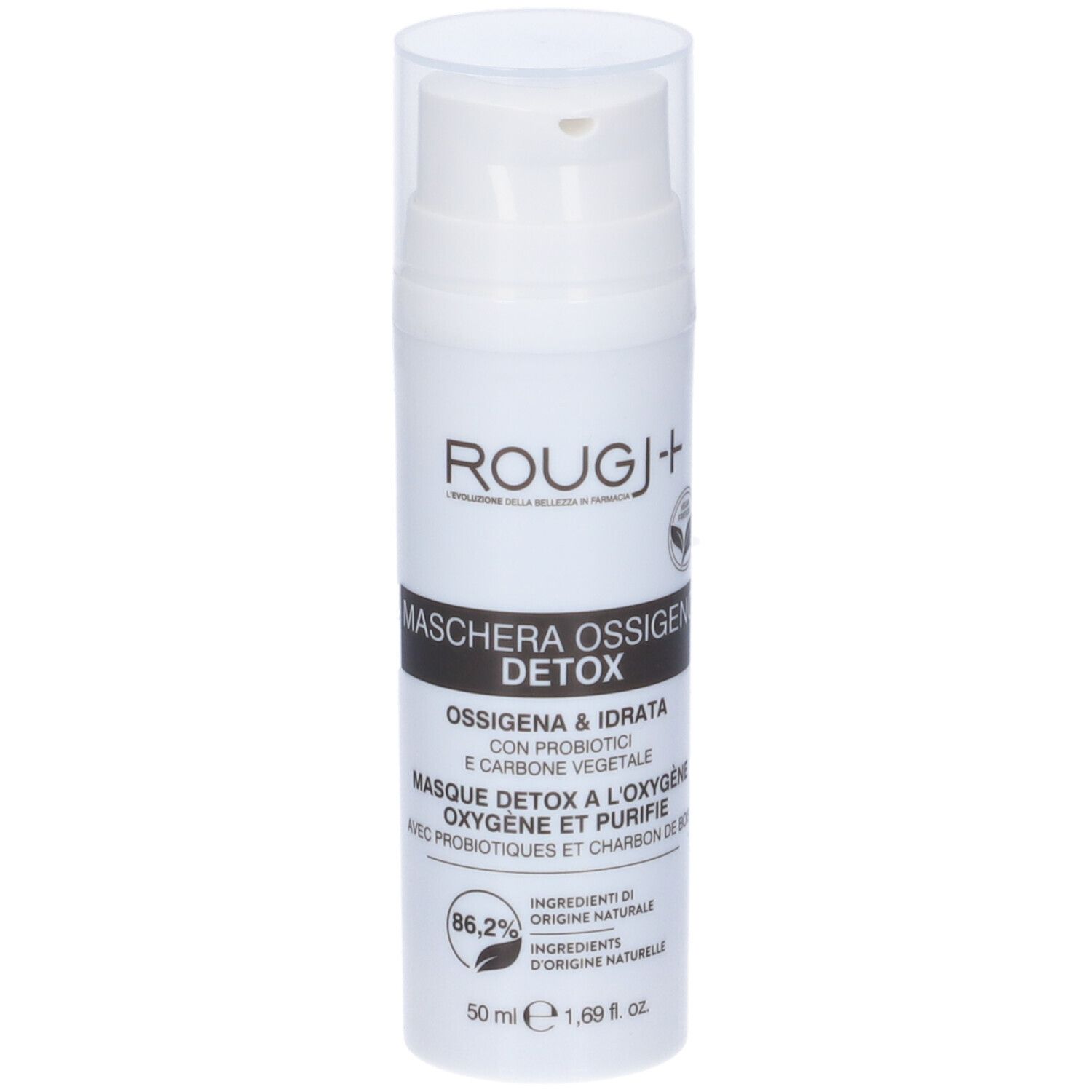 Flacone bianco con dosatore. Scritta: Rougj+ Maschera Viso Ossigeno Detox. Contiene 86,2% di ingredienti naturali.