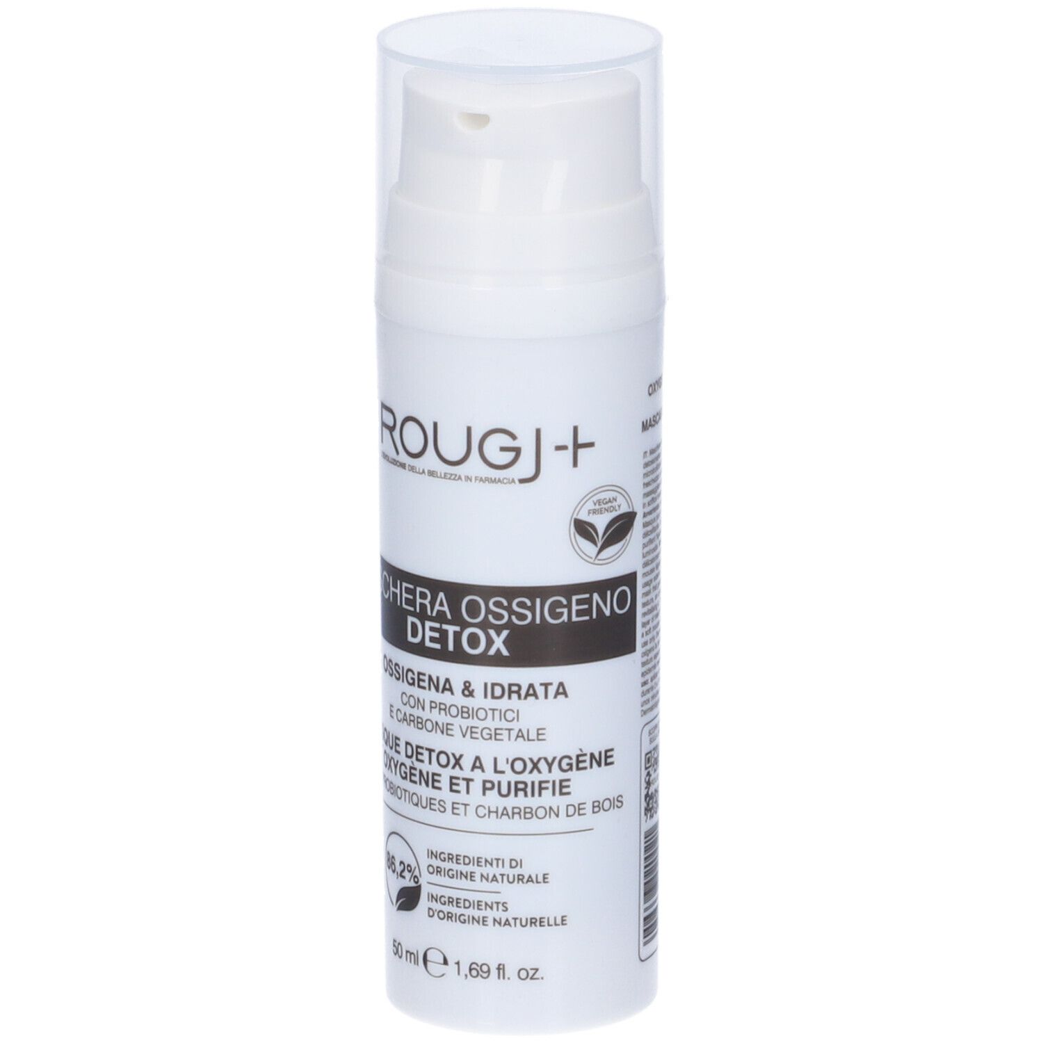 Flacone bianco con dosatore. Scritta: Rougj+ Maschera Viso Ossigeno Detox. Contiene 86,2% di ingredienti naturali.