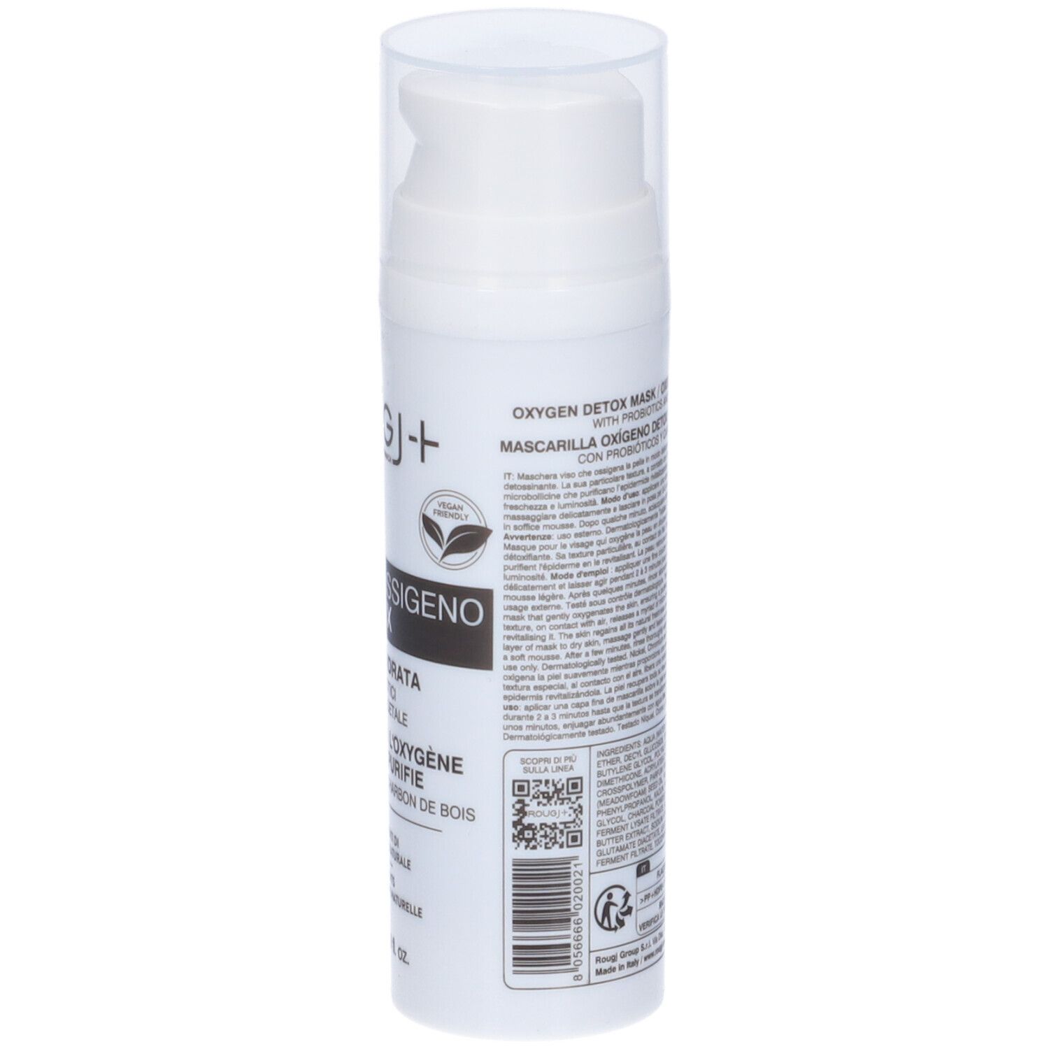 Flacone bianco con dosatore. Retro con testo in italiano. Contiene informazioni sugli ingredienti e l'uso.