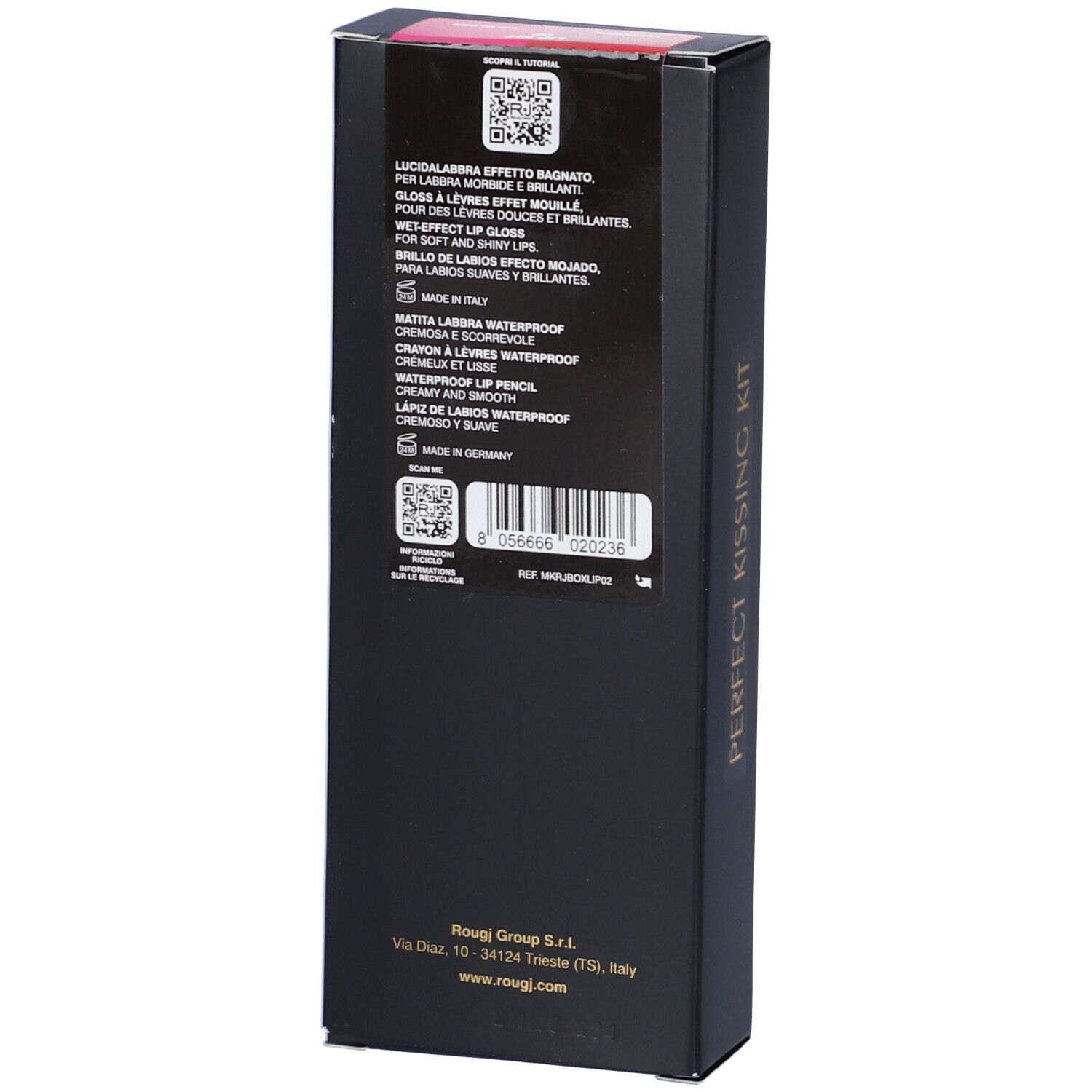 Confezione nera con informazioni prodotto e codice a barre. Scritta "PERFECT KISSING KIT".