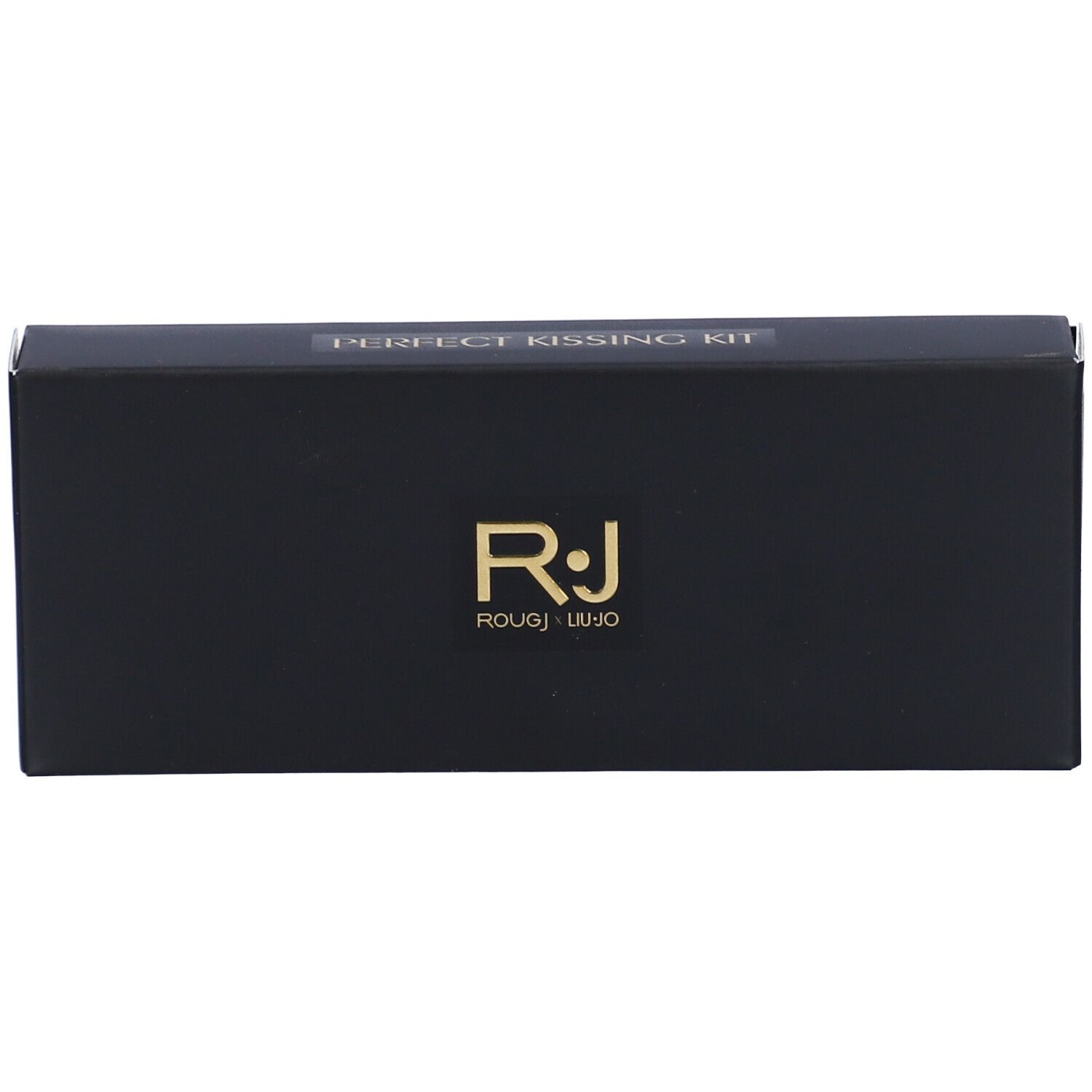 Confezione nera con scritta dorata "PERFECT KISSING KIT" e logo "RJ ROUGJ LIUJO".