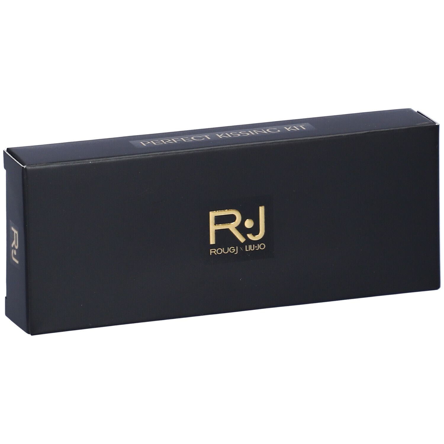 Confezione nera con scritta dorata "PERFECT KISSING KIT" e logo "RJ ROUGJ LIUJO".