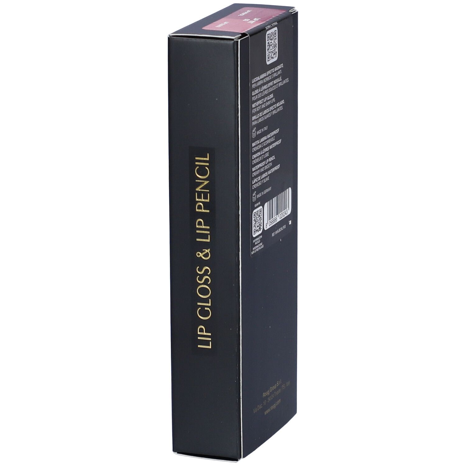 Confezione nera con testo « LIP GLOSS & LIP PENCIL ». Contiene informazioni su lucidalabbra e matita labbra.