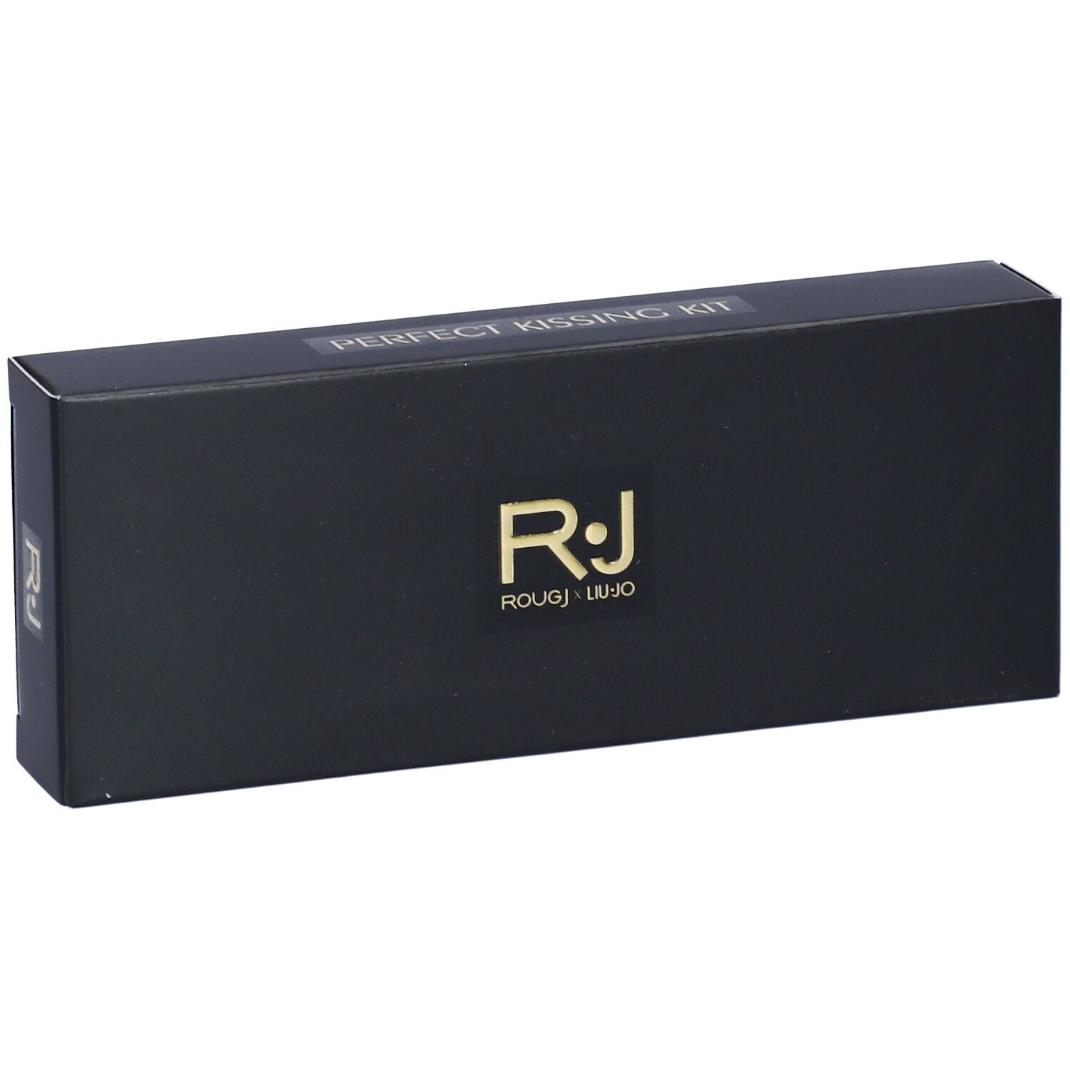 Confezione nera con scritta dorata « PERFECT KISSING KIT » e logo « Rj Rougj Liu Jo ».