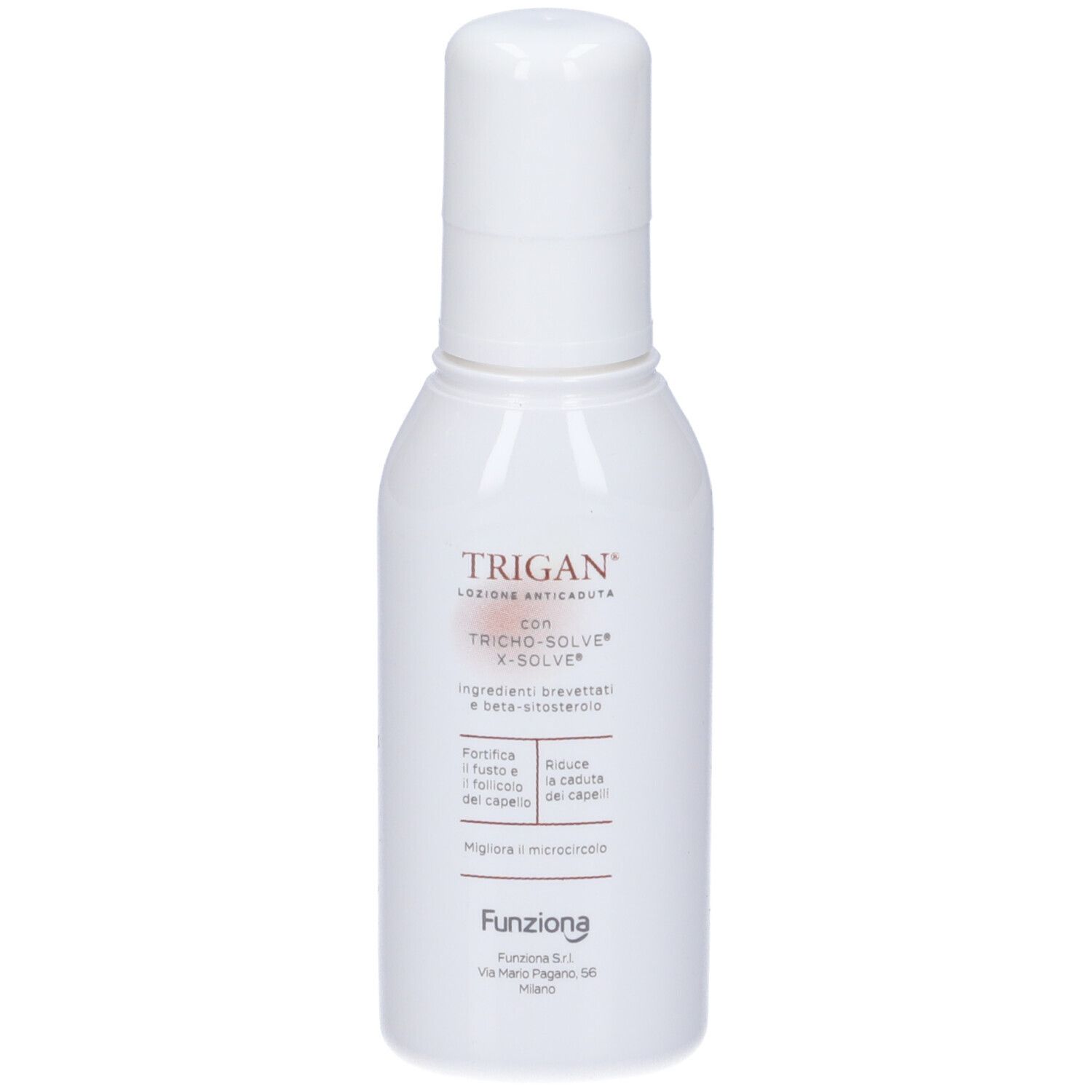 Flacone bianco con spruzzatore. Marchio: Trigan. Testo: Lozione Anticaduta, con ingredienti. Scritta: Funziona.