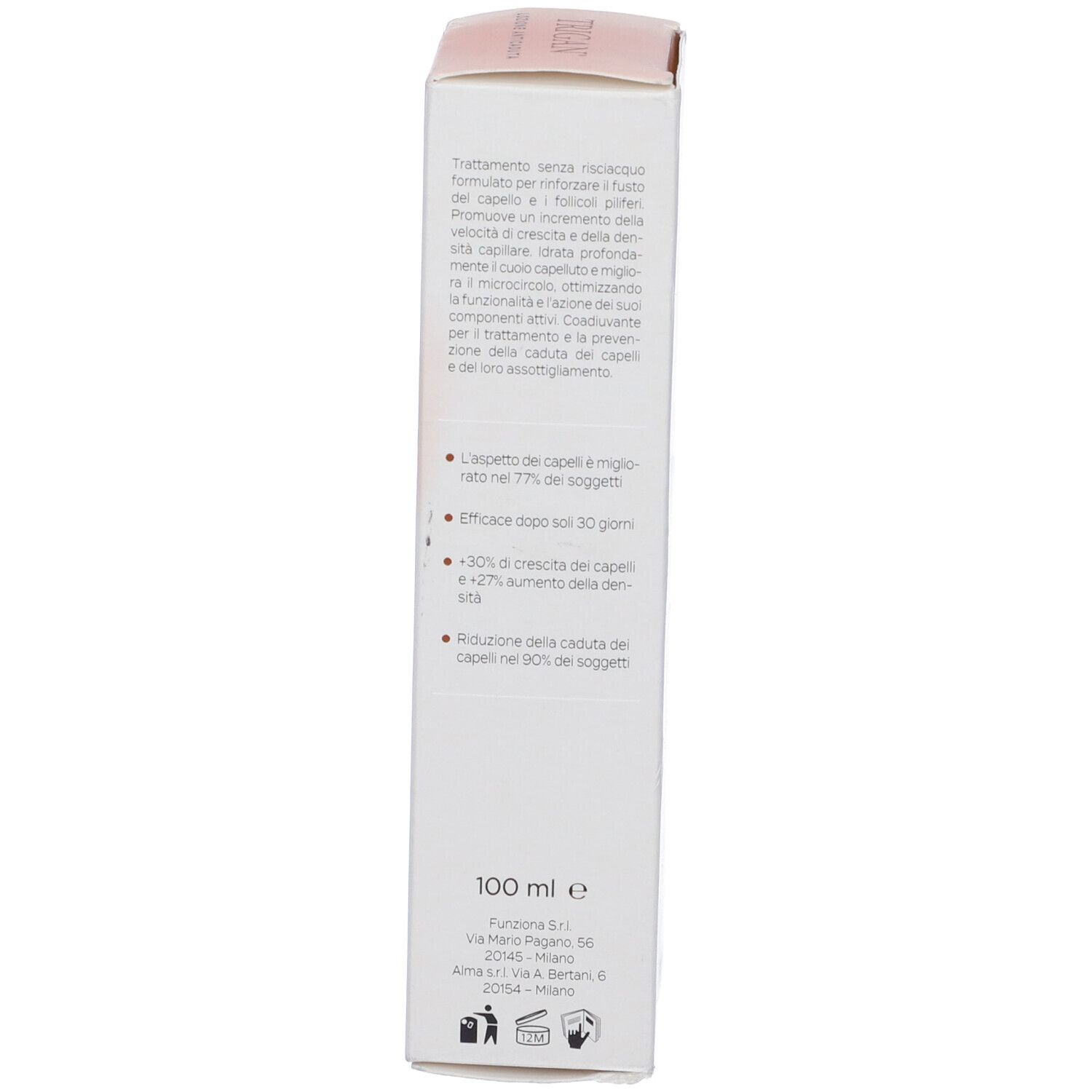 Lato della confezione. Testo: Descrizione, risultati. Scritta: 100 ml.