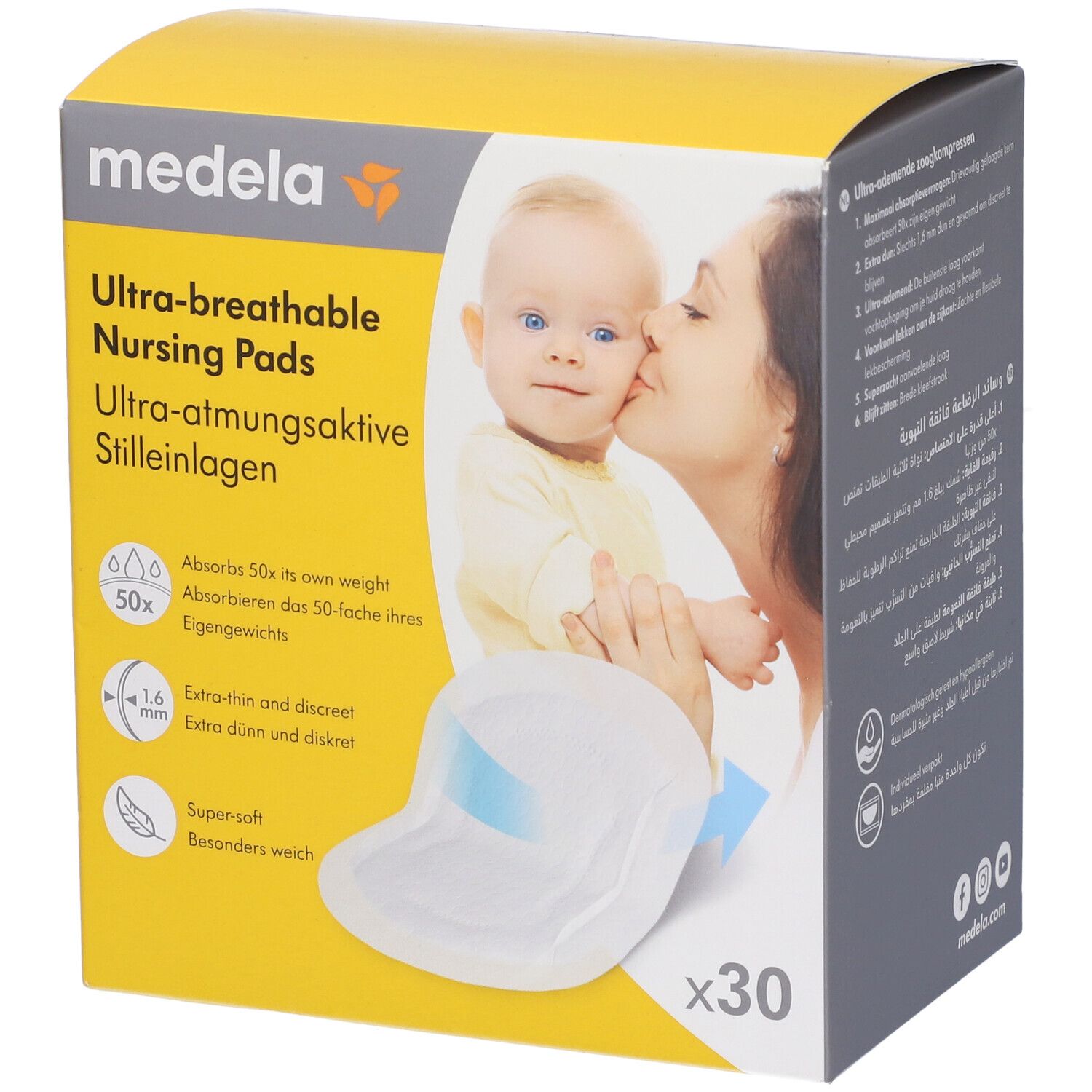 Confezione di coppette assorbilatte Medela. Scritta: Ultra-breathable Nursing Pads. 30 pezzi. Immagine: madre e bambino.