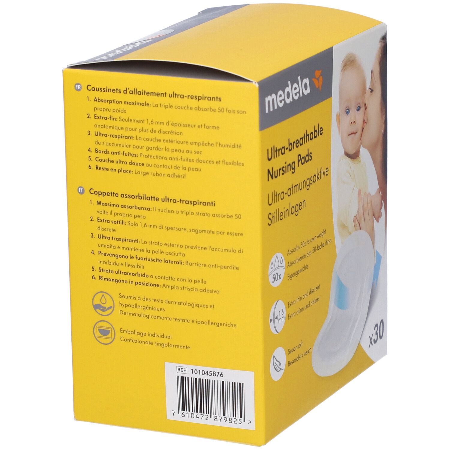 Confezione di coppette assorbilatte Medela. Scritta: Ultra-breathable Nursing Pads. 30 pezzi. Retro con informazioni sul prodotto.