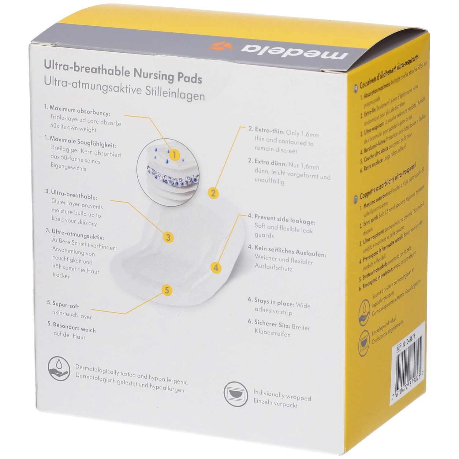 Confezione di coppette assorbilatte Medela. Scritta: Ultra-breathable Nursing Pads. 30 pezzi. Retro con informazioni sul prodotto.