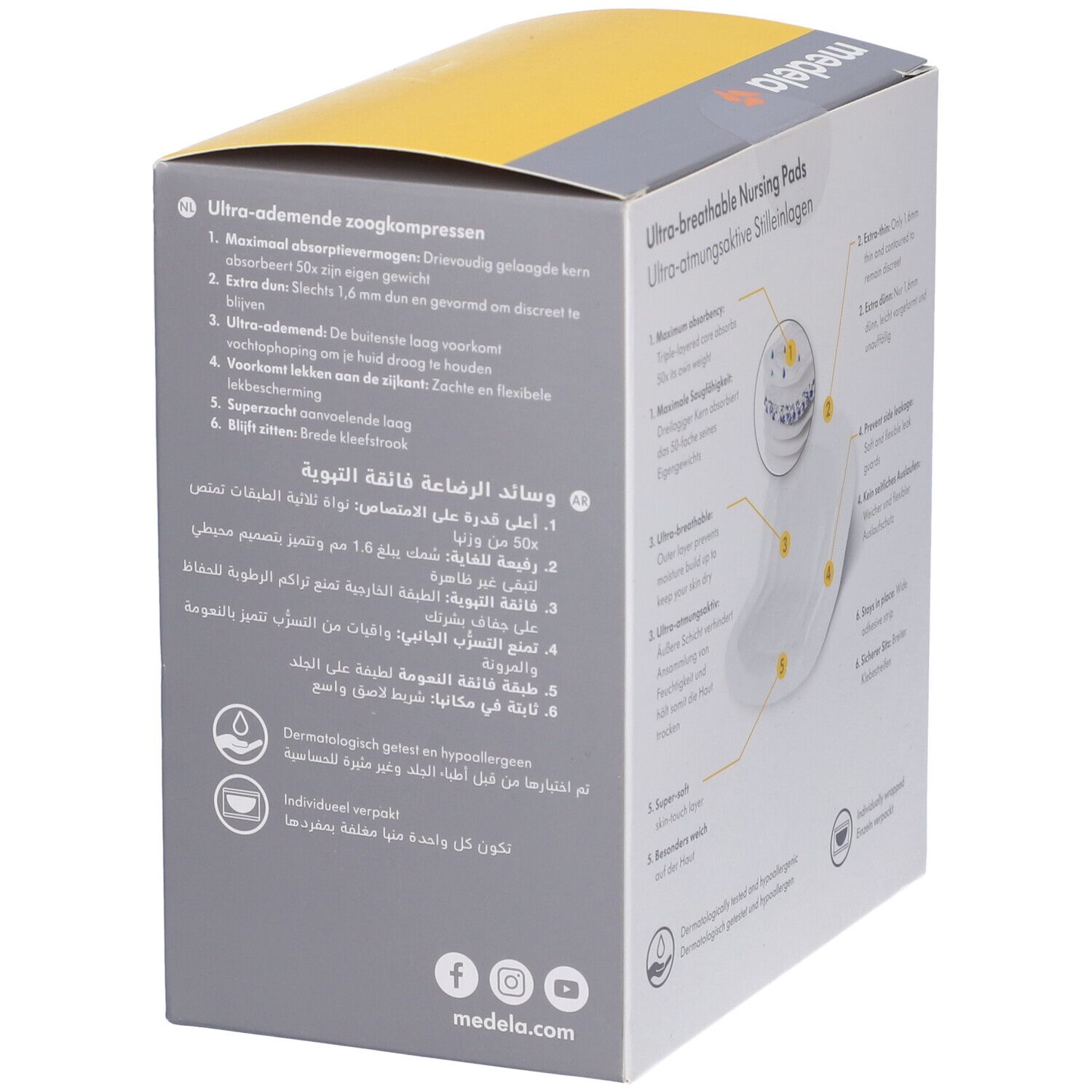 Confezione di coppette assorbilatte Medela. Scritta: Ultra-breathable Nursing Pads. 30 pezzi. Retro con informazioni sul prodotto.