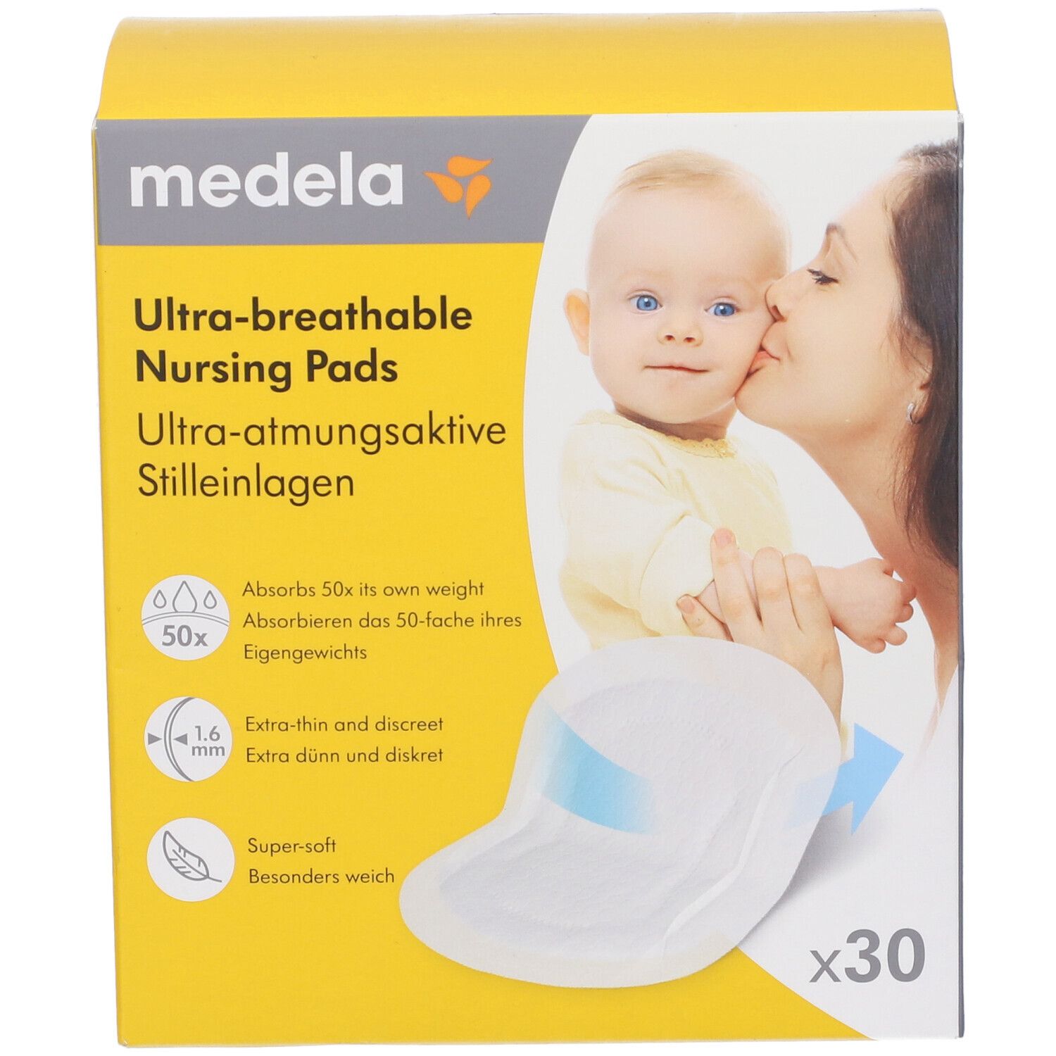 Confezione di coppette assorbilatte Medela. Scritta: Ultra-breathable Nursing Pads. 30 pezzi. Immagine: madre e bambino.