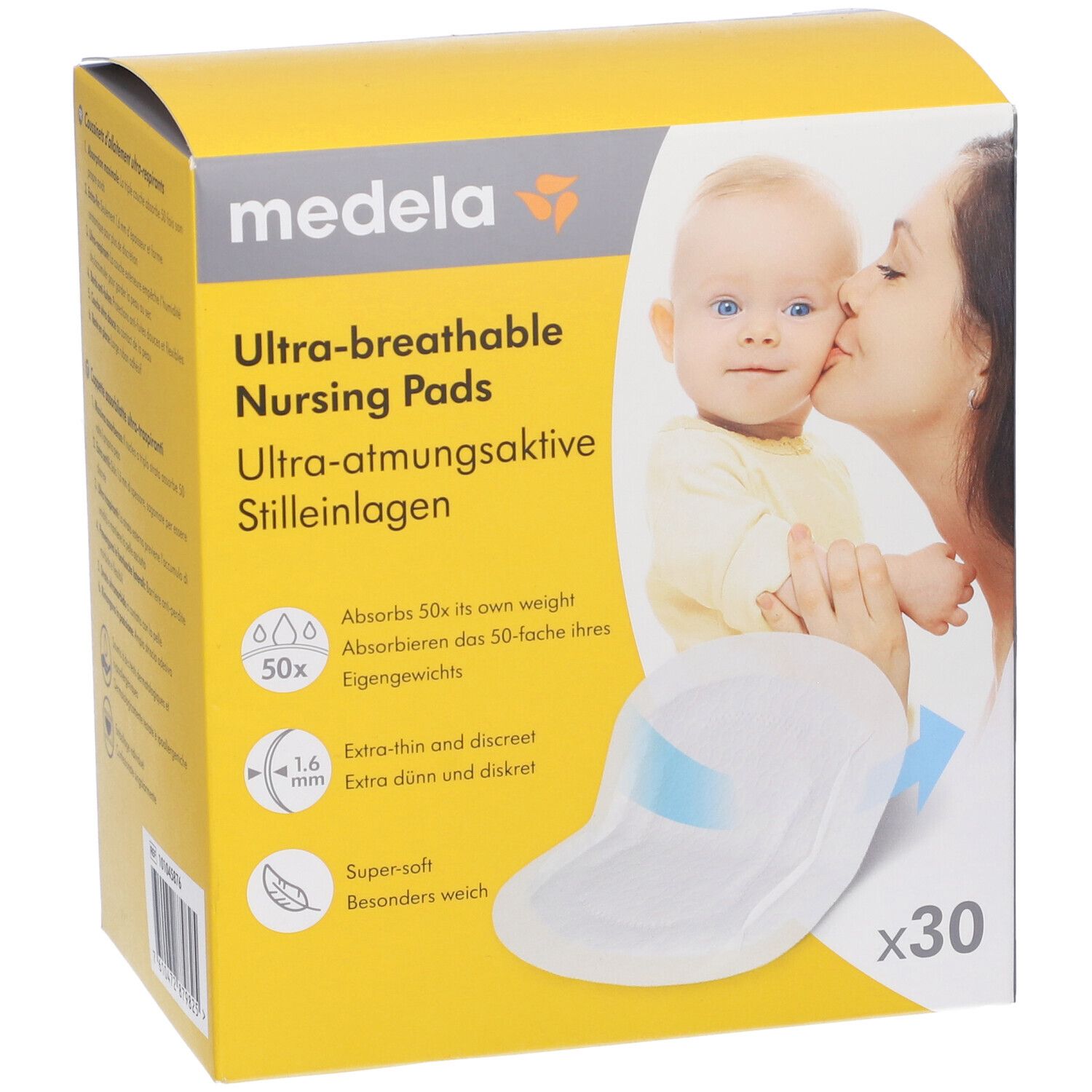 Confezione di coppette assorbilatte Medela. Scritta: Ultra-breathable Nursing Pads. 30 pezzi. Immagine: madre e bambino.