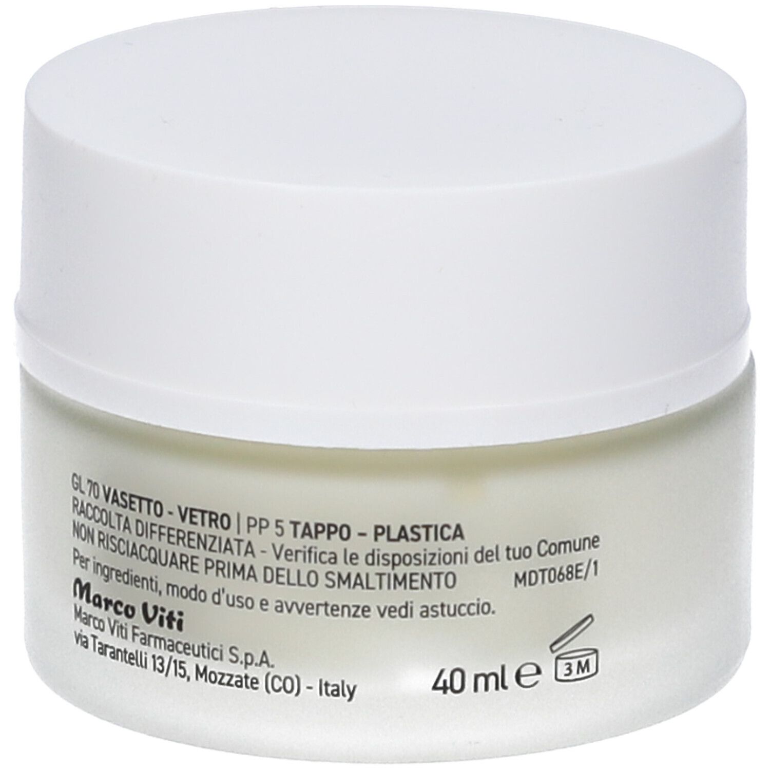 Retro del vasetto di crema. Testo: GL 70 Vasetto - Vetro, PP5 Tappo - Plastica. Informazioni sullo smaltimento.