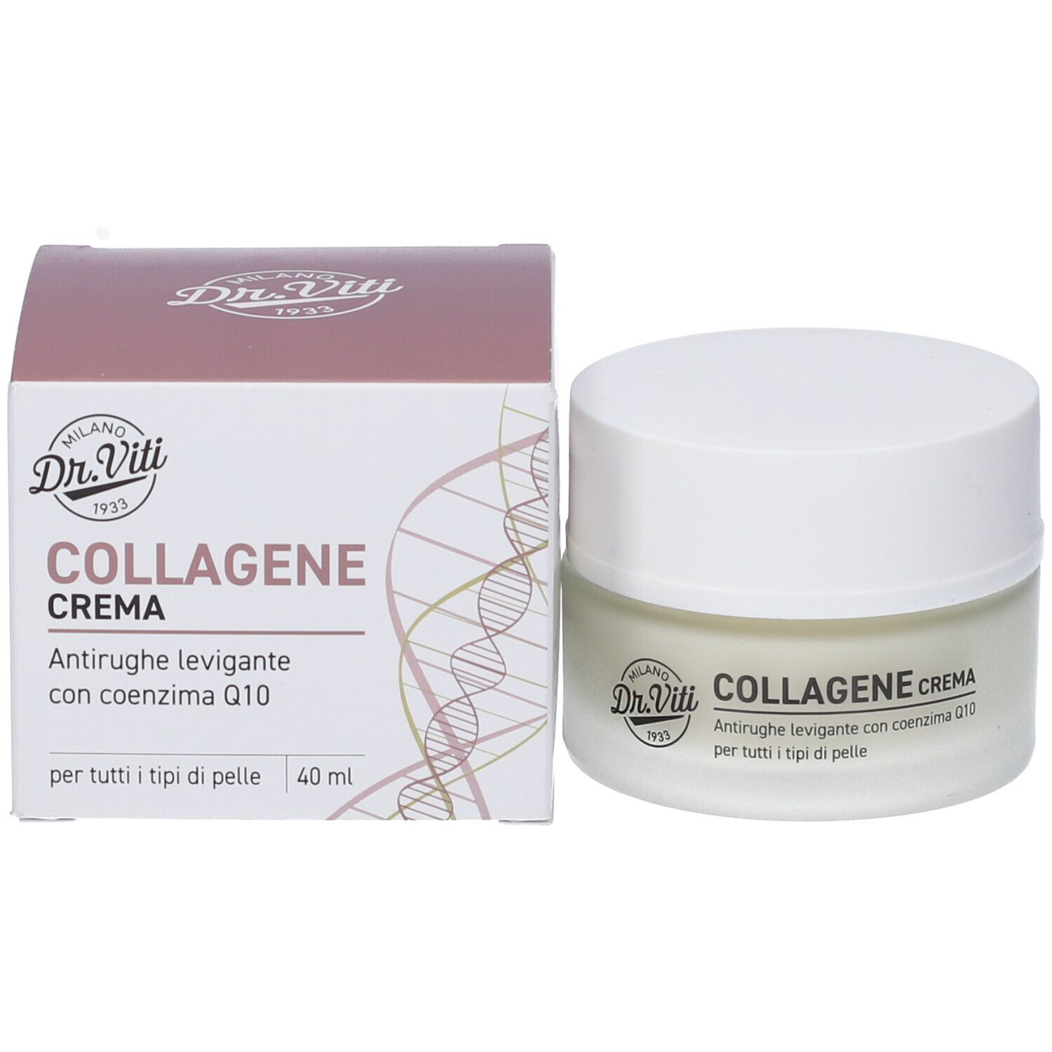 Vasetto di crema e confezione. Scritta: Dr. Viti, Collagene Crema. Testo: Antirughe levigante con coenzima Q10. 40 ml.