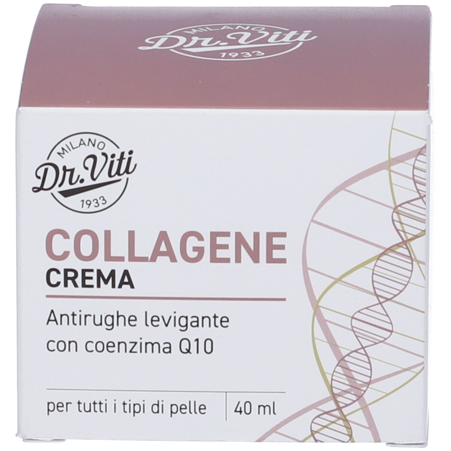 Confezione. Scritta: Dr. Viti, Collagene Crema. Testo: Antirughe levigante con coenzima Q10. 40 ml.
