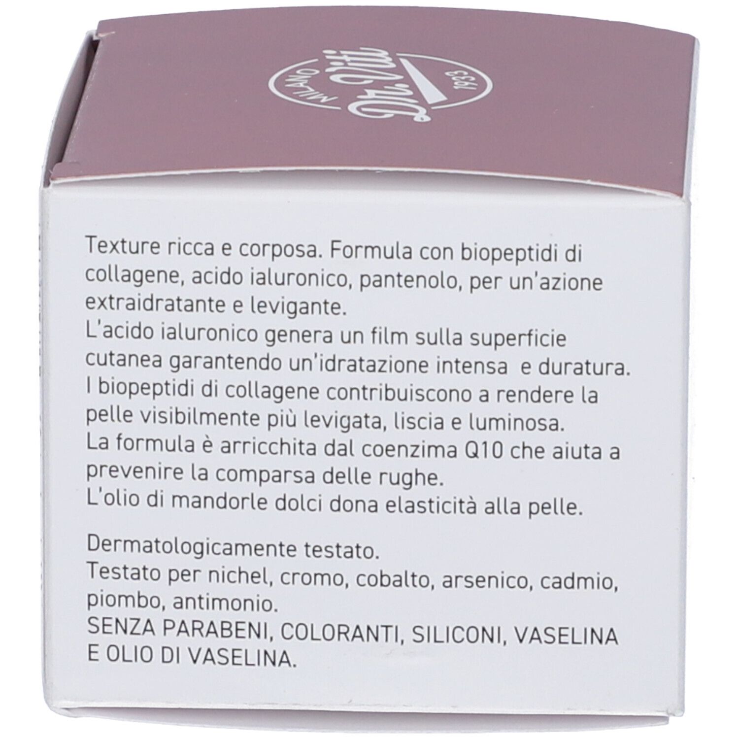 Confezione. Testo: Ingredienti, dermatologicamente testato, senza parabeni, siliconi, vaselina.