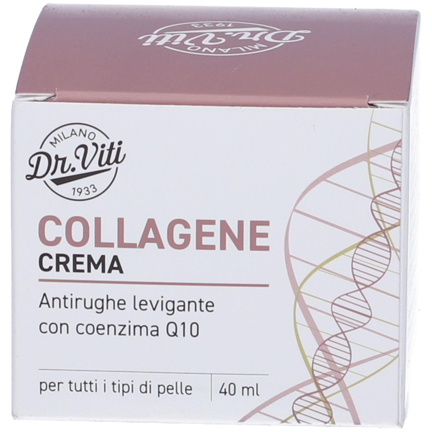 Confezione. Scritta: Dr. Viti, Collagene Crema. Testo: Antirughe levigante con coenzima Q10. 40 ml.