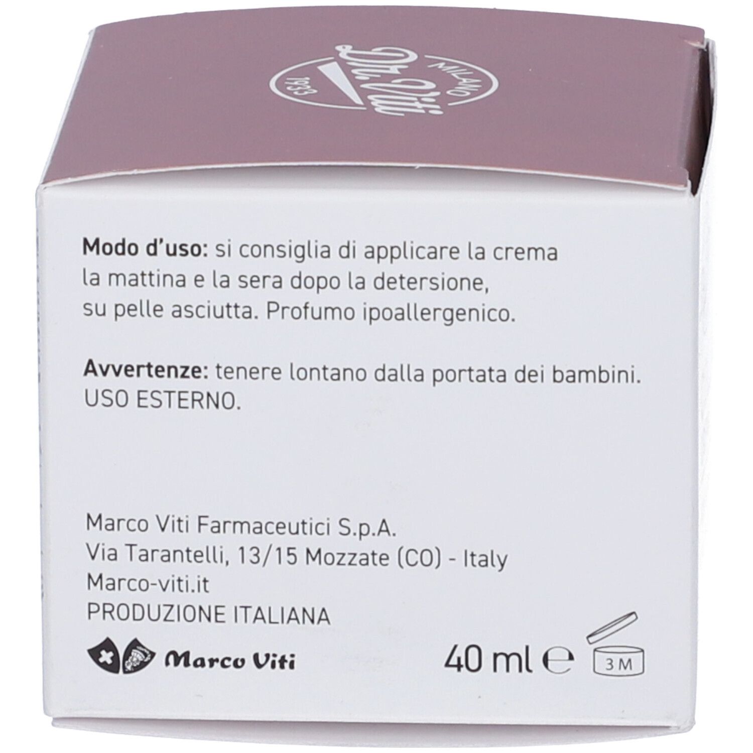 Confezione. Testo: Modo d'uso, avvertenze, informazioni produttore, 40 ml.