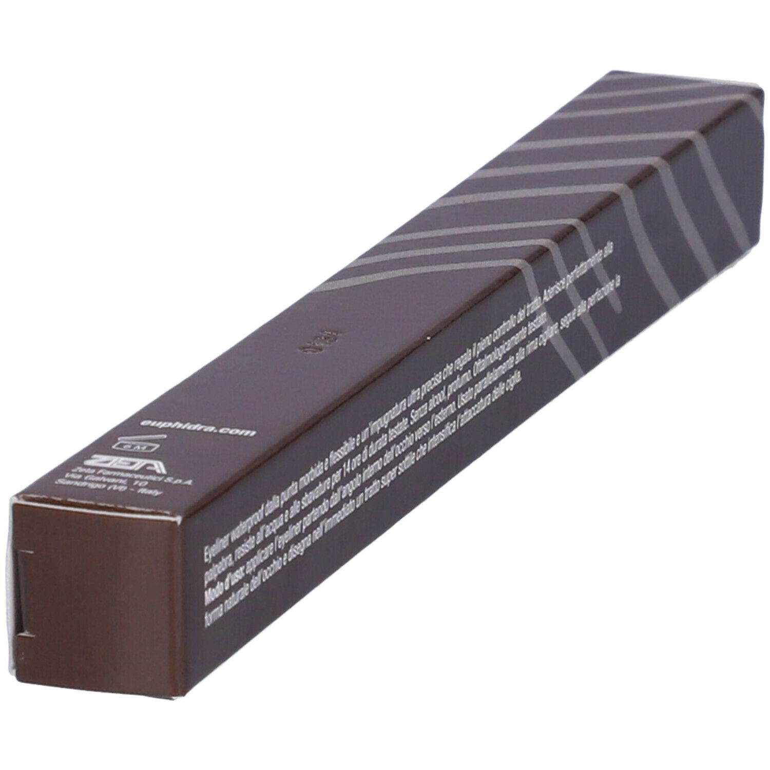 Confezione marrone, obliqua dall'alto. Scritto: Euphidra Viva Eyeliner Marrone. Testo in italiano.