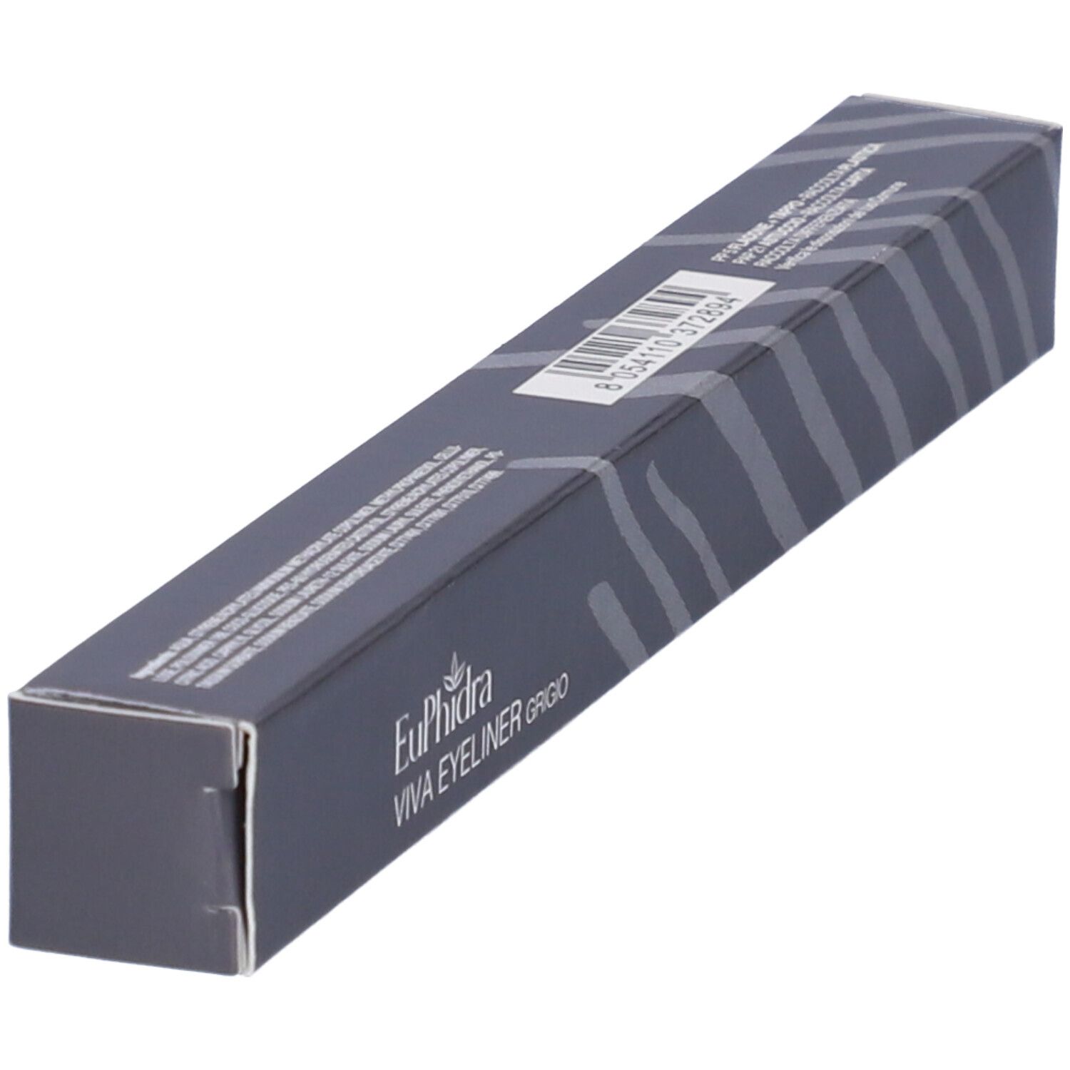 Scatola di Eyeliner Euphidra Viva Grigio, in diagonale. Confezione grigia con motivo a onde e nome.