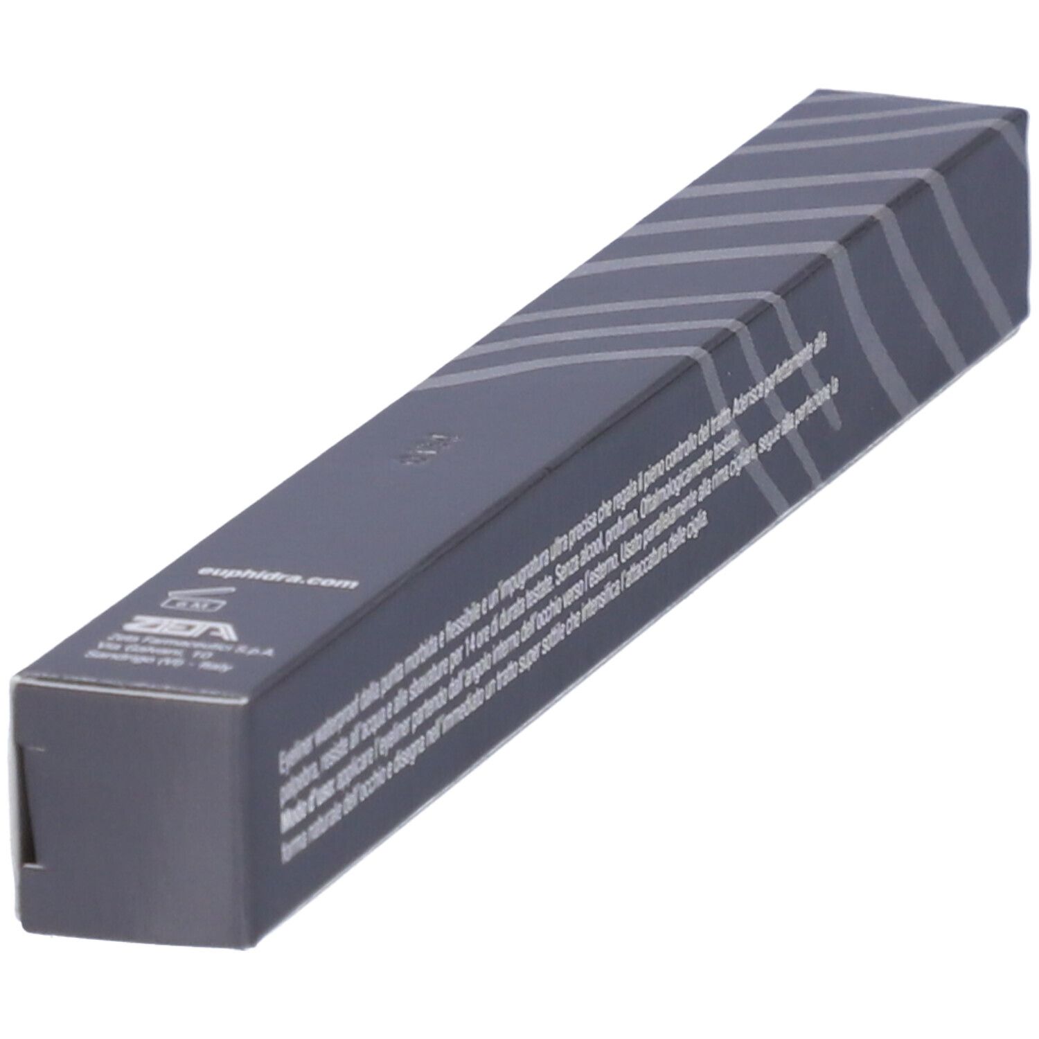 Scatola di Eyeliner Euphidra Viva Grigio, in diagonale. Confezione grigia con testo e motivo a onde.