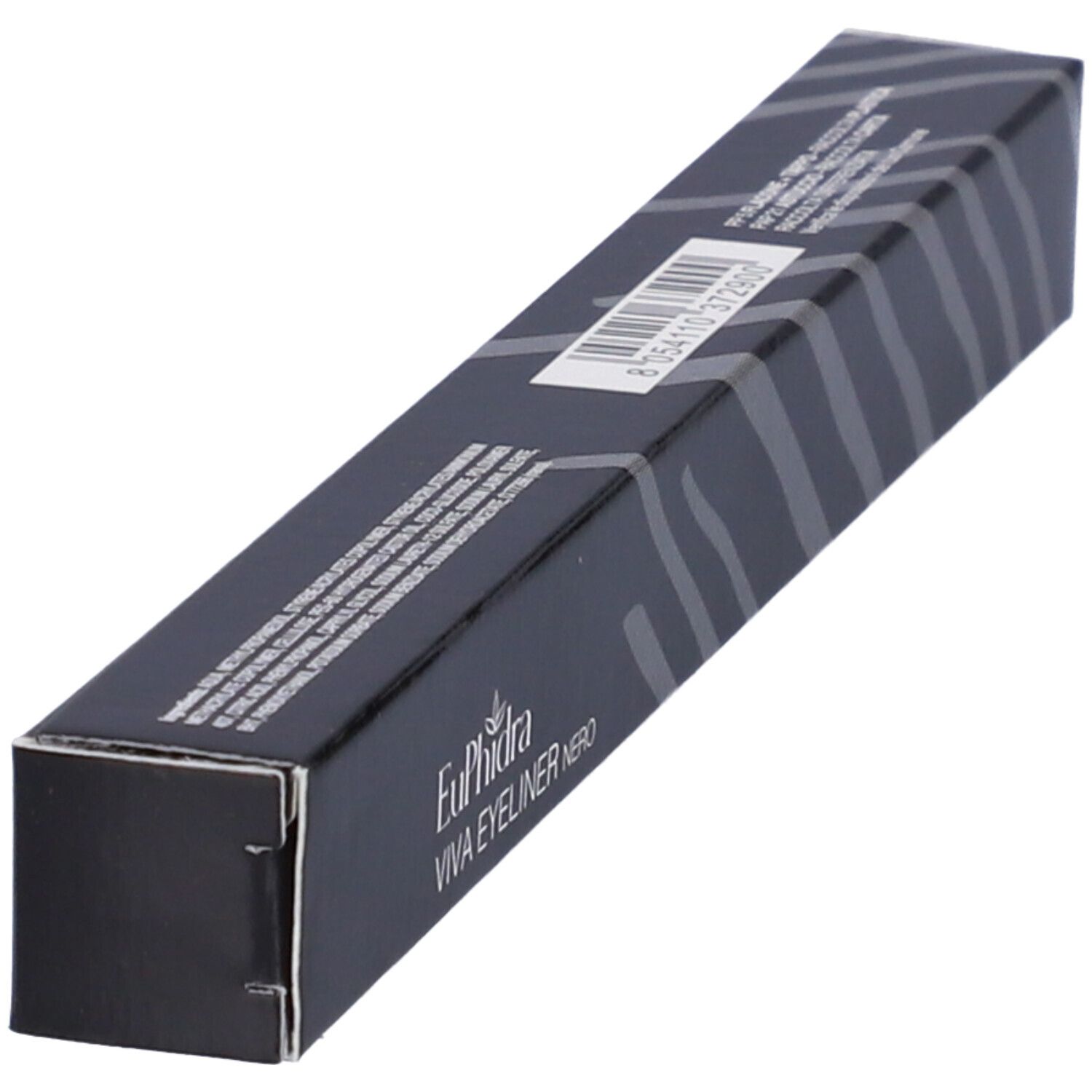 Confezione nera con nome prodotto Euphidra Viva Eyeliner Nero. Motivo zebrato. Scritta nera.