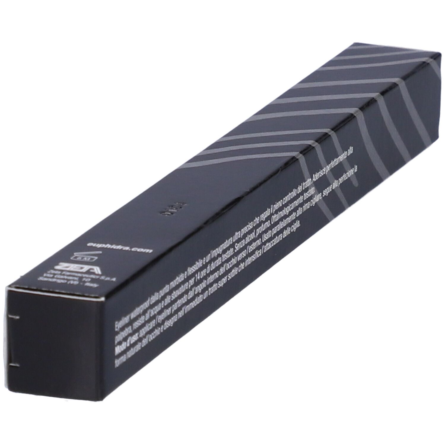 Confezione nera con nome prodotto Euphidra Viva Eyeliner Nero. Motivo zebrato. Scritta nera.