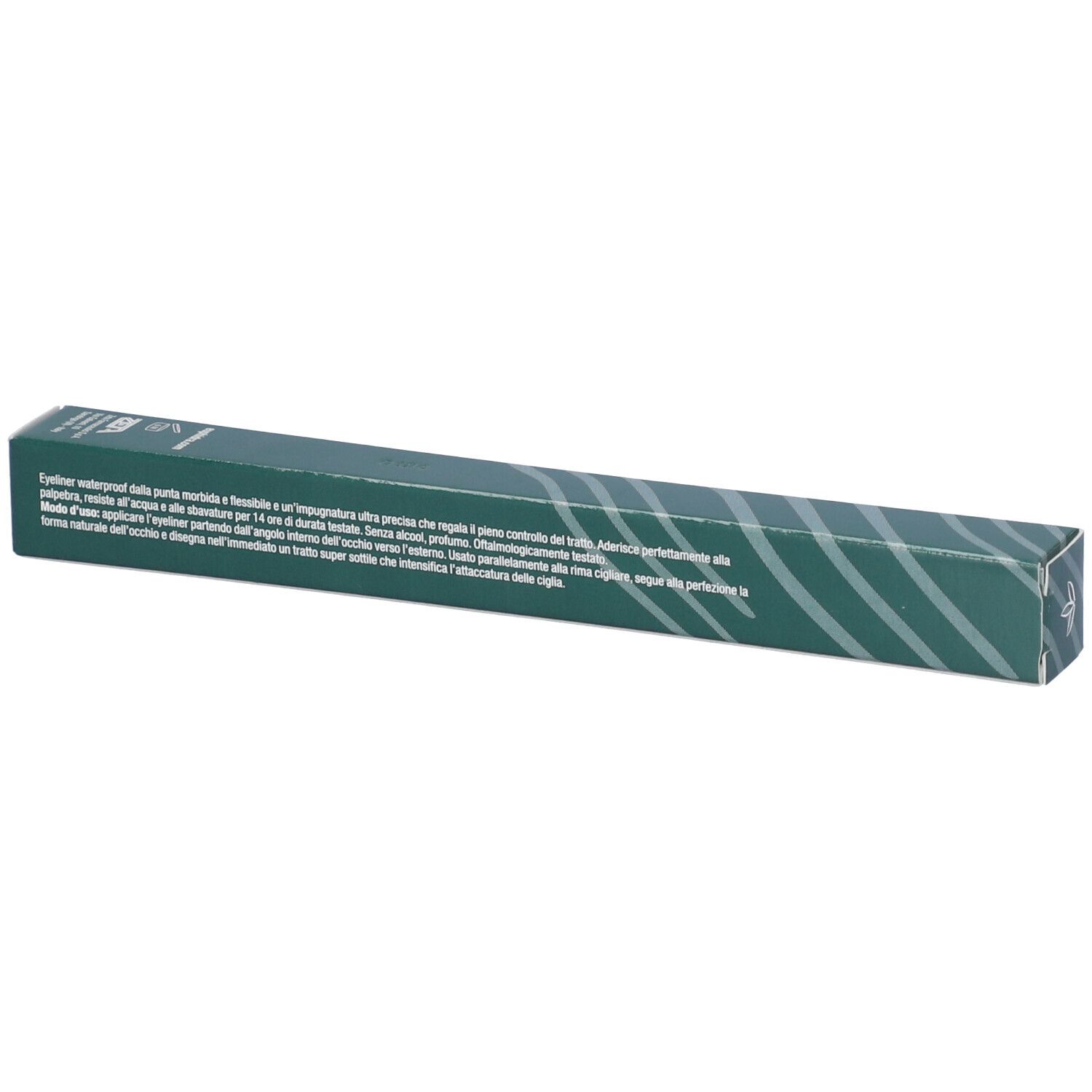 Confezione verde con testo. Contiene Eyeliner Ottanio. Testo in italiano.
