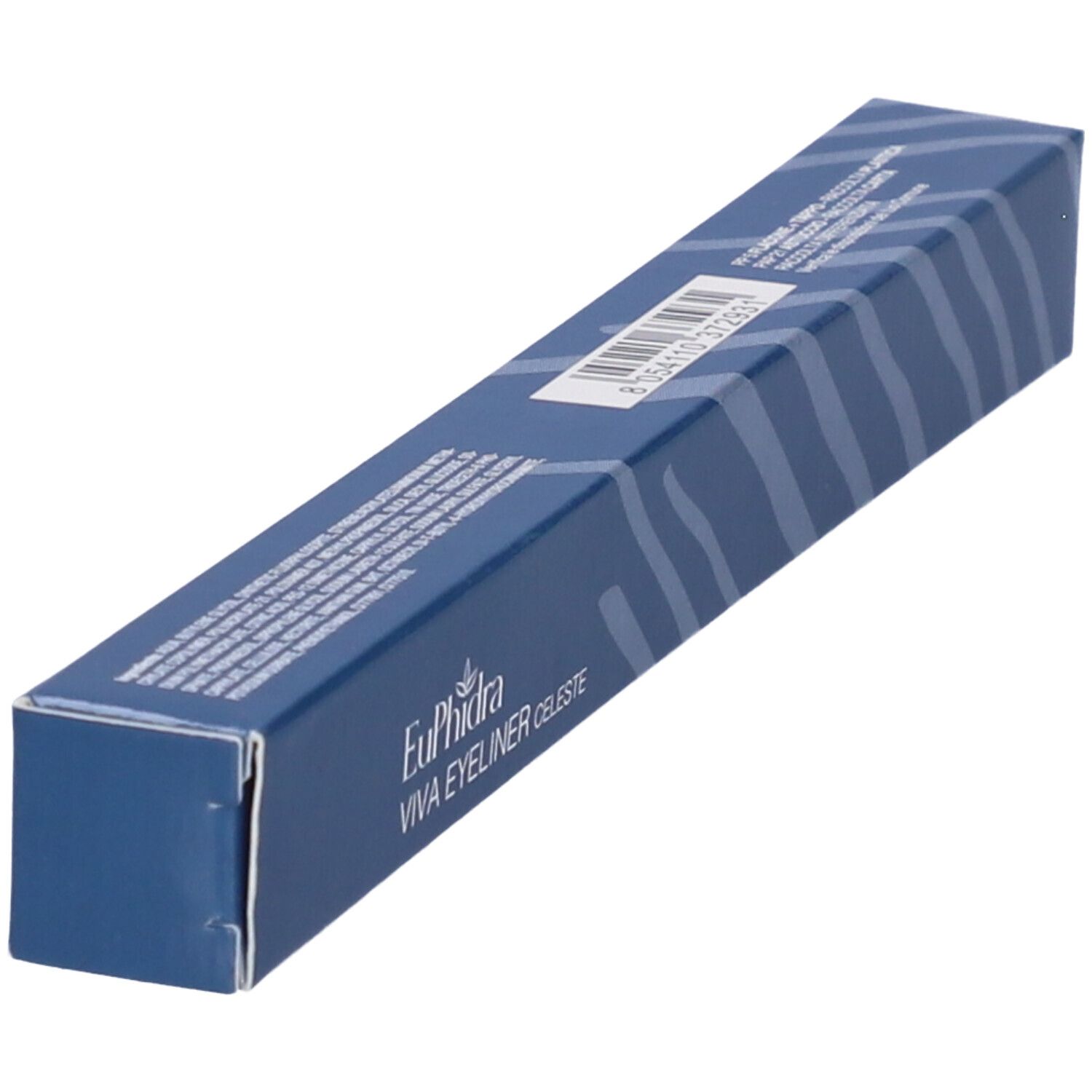Confezione blu con motivo a onde bianche. Scritta: Euphidra Viva Eyeliner Celeste. Vista obliqua.