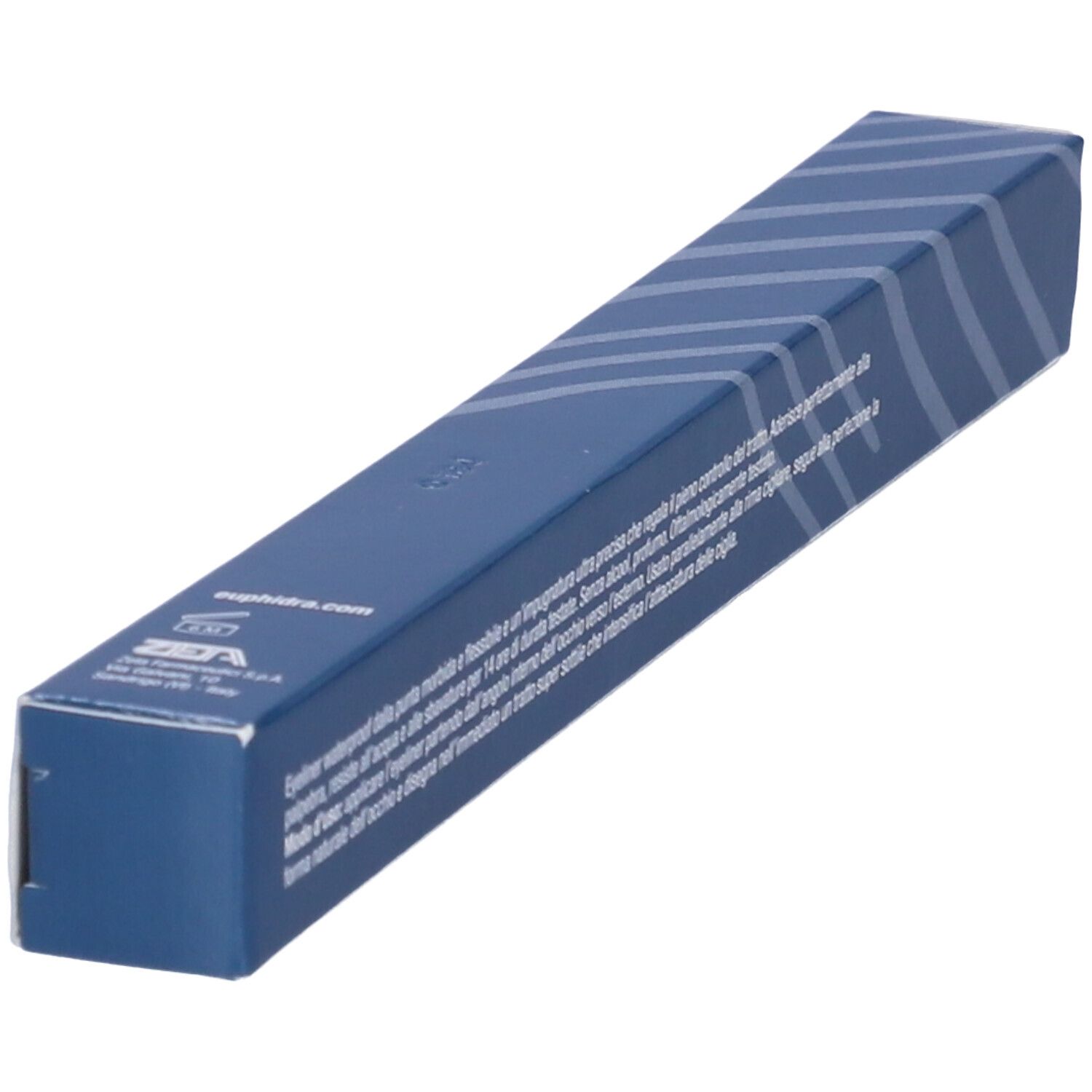 Confezione blu con testo. Scritta: Euphidra Viva Eyeliner Celeste. Vista obliqua.