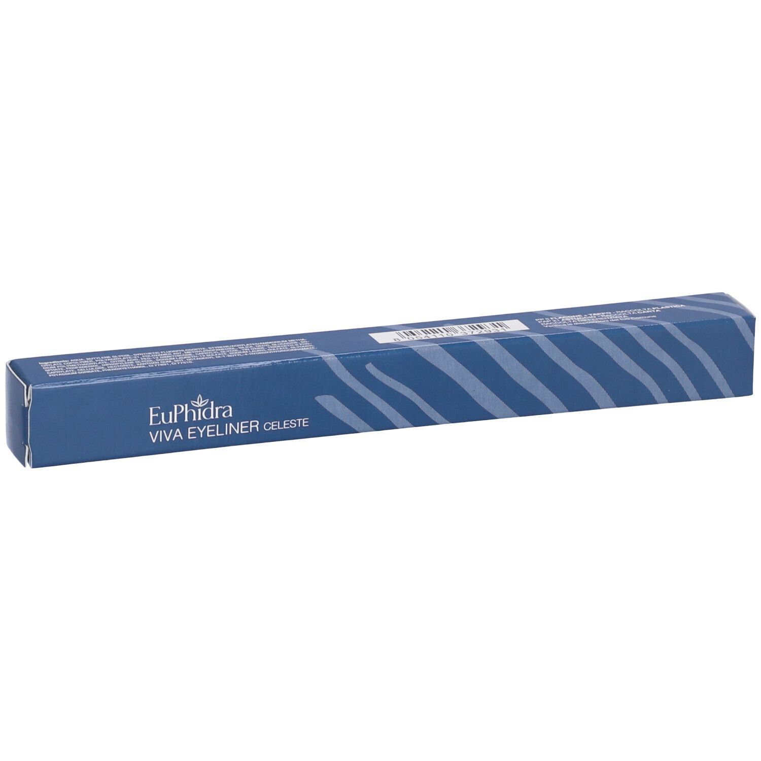 Confezione blu con motivo a onde bianche. Scritta: Euphidra Viva Eyeliner Celeste. Forma allungata.
