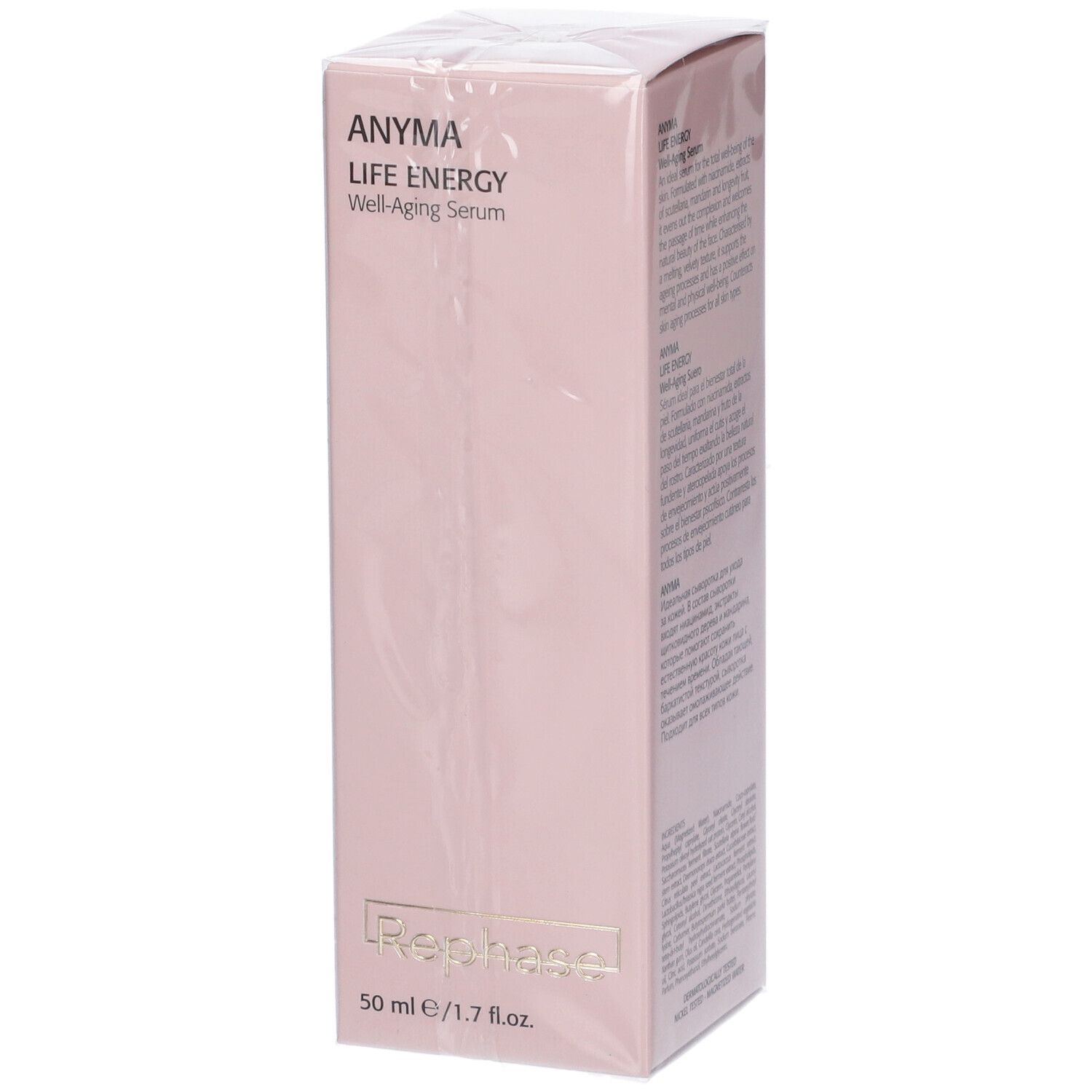 Confezione rosa ANYMA LIFE ENERGY Well-Aging Serum. In basso Rephase e 50 ml/1.7 fl.oz.
