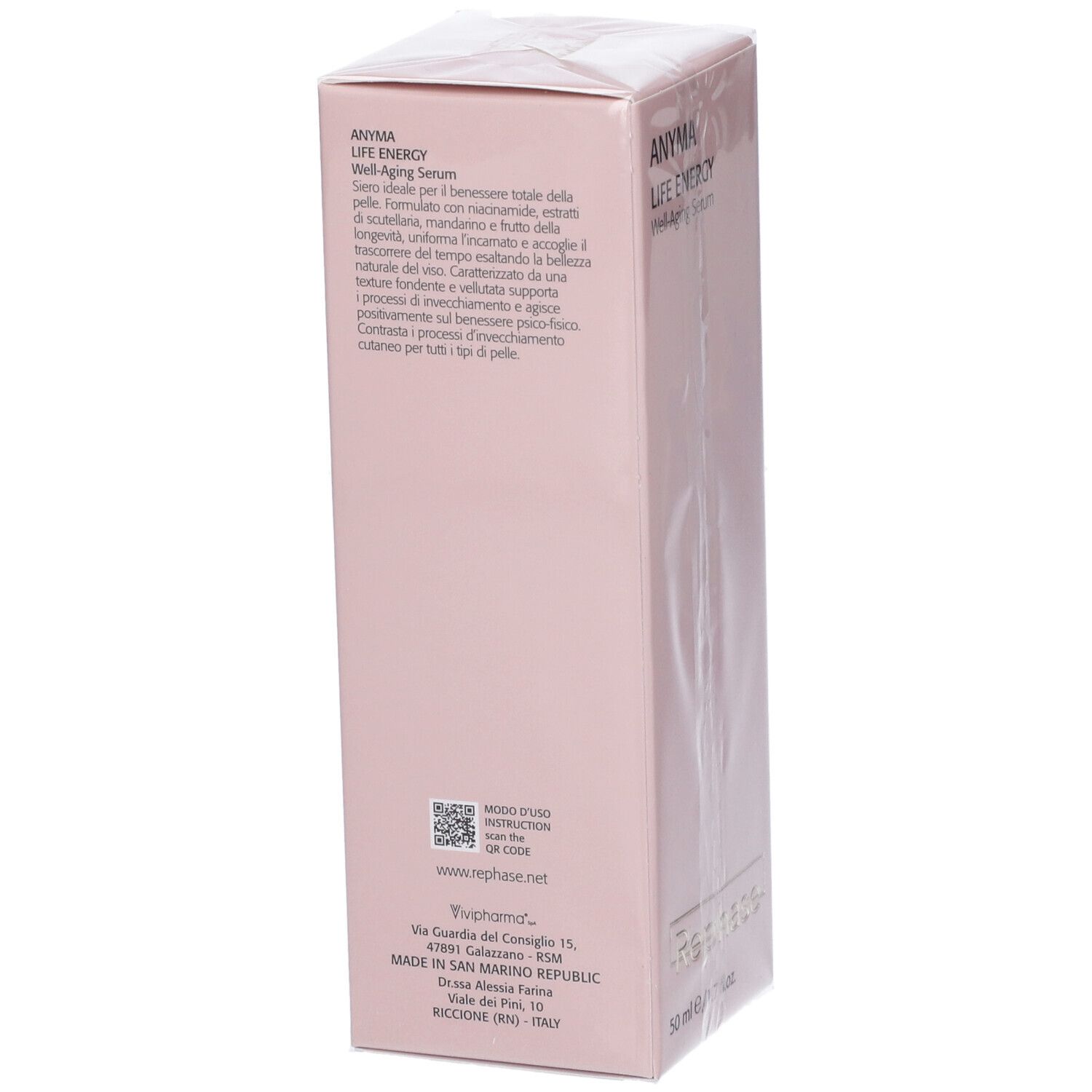 Confezione rosa con testo. ANYMA LIFE ENERGY Well-Aging Serum. Codice QR e informazioni di contatto.
