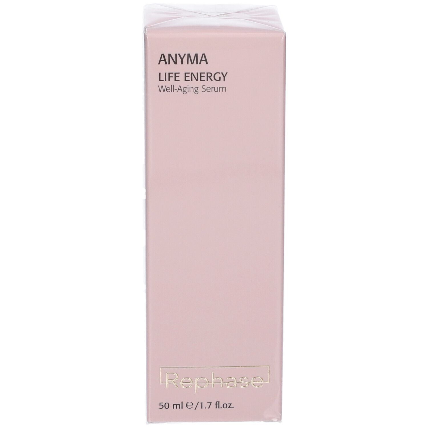 Confezione rosa ANYMA LIFE ENERGY Well-Aging Serum. In basso Rephase e 50 ml/1.7 fl.oz.
