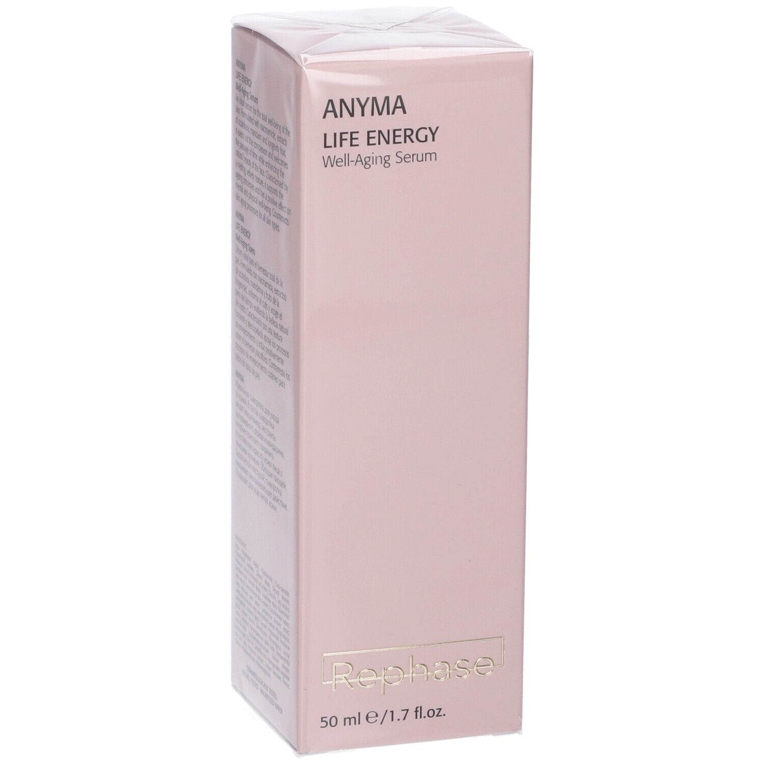 Confezione rosa con testo. ANYMA LIFE ENERGY Well-Aging Serum. Testo sulla confezione.