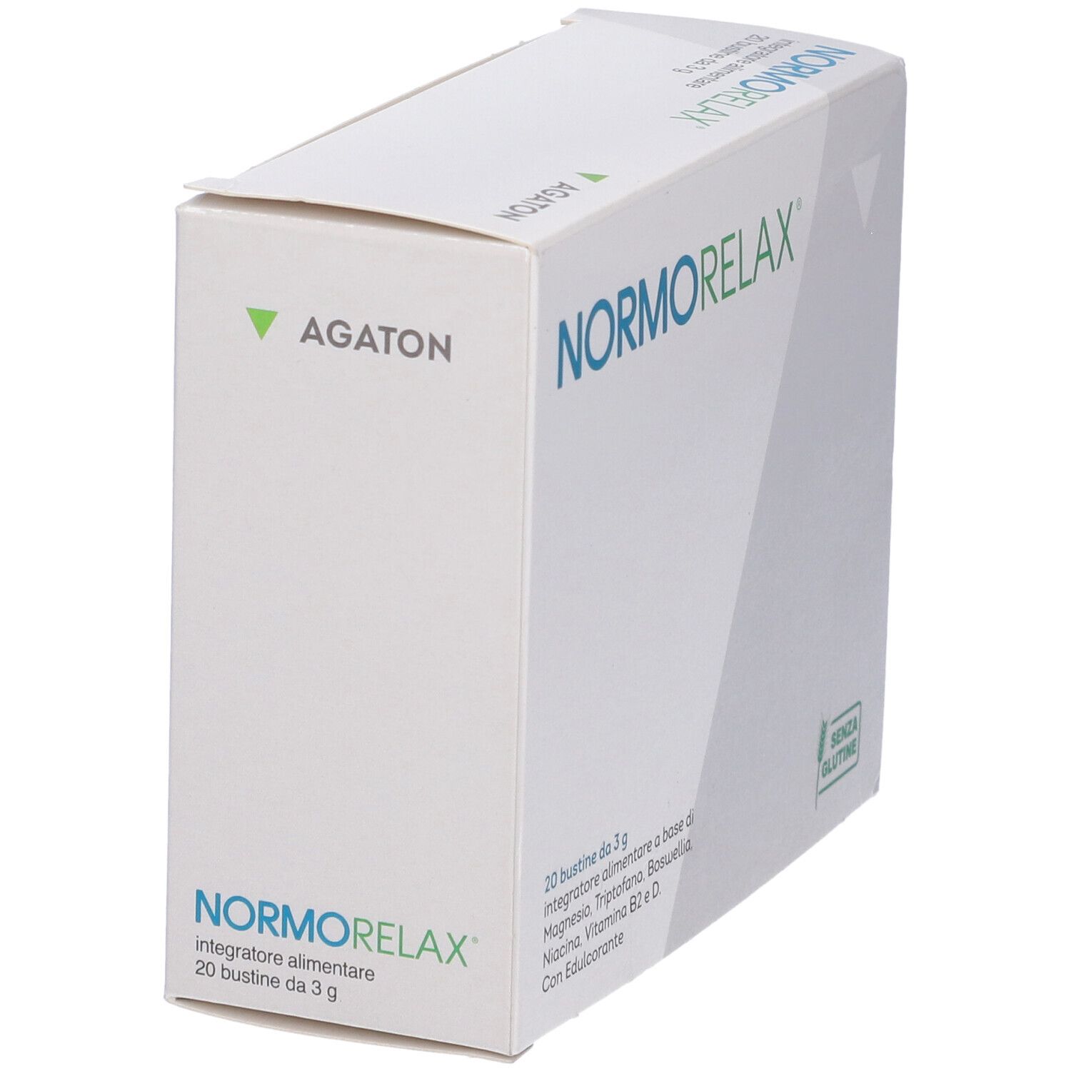 Scatola bianca con logo verde e scritta NORMORELAX. Contiene 20 bustine. Sigillo senza glutine.